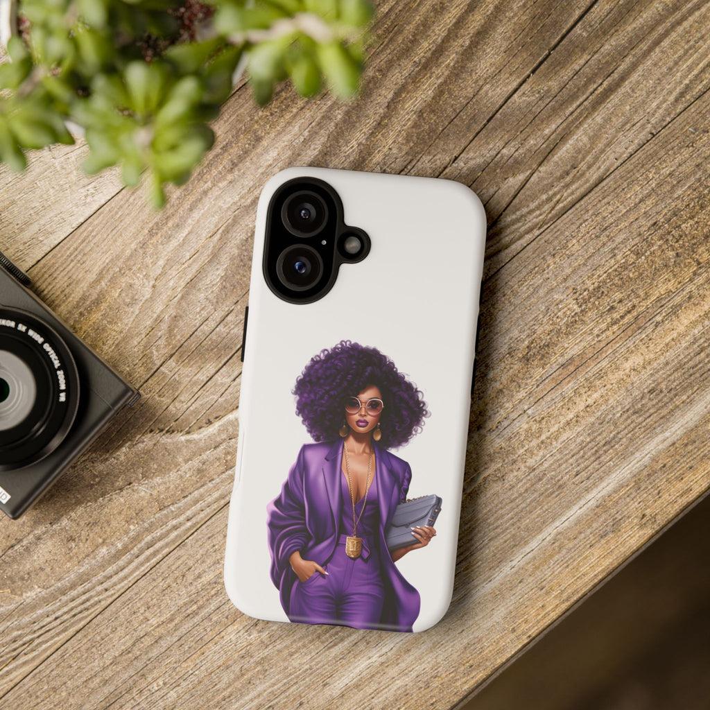 Purple Power Woman Phone Case — Afro Chic Businesswoman Protective Phone Cover