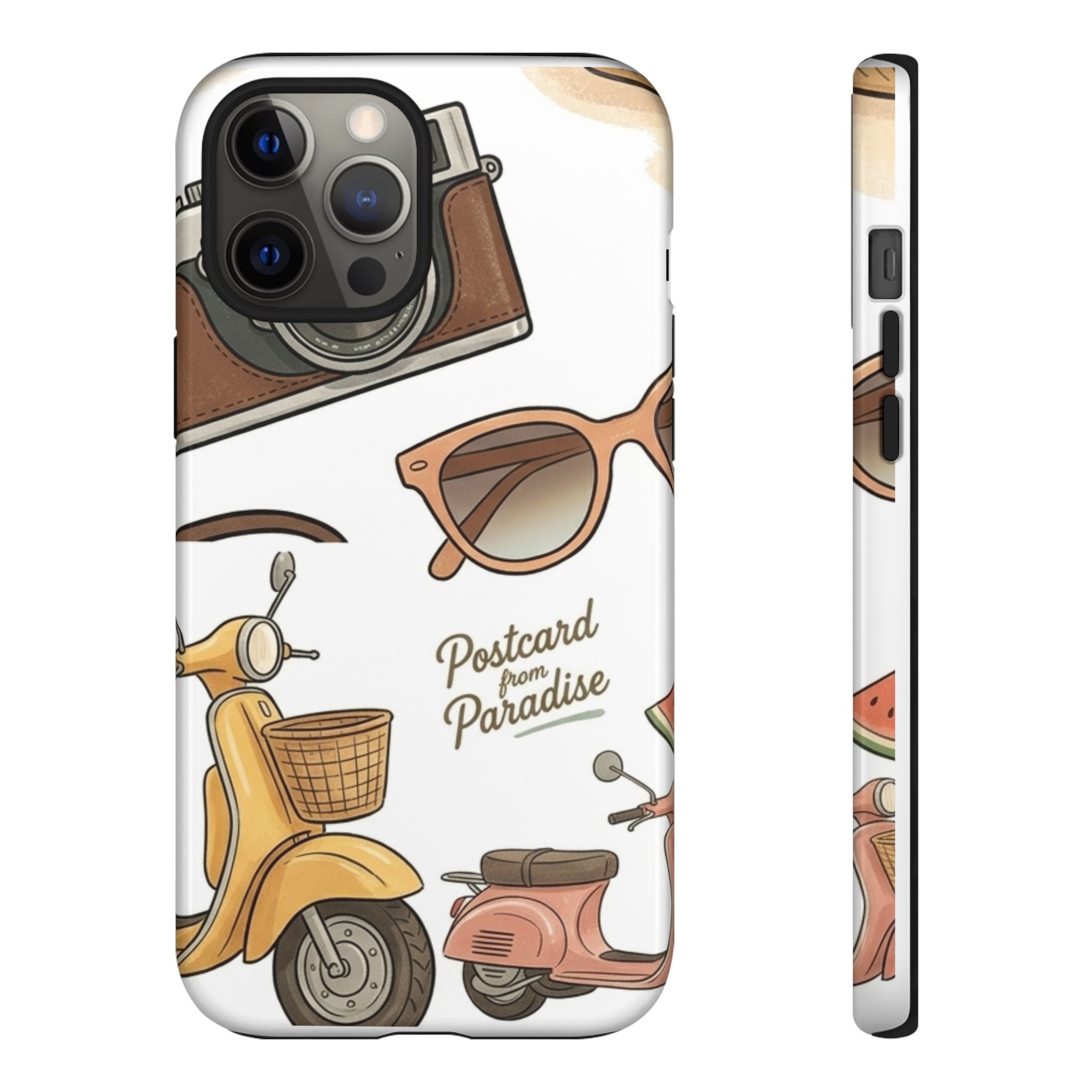Vintage Summer Beach Phone Case — Feminine Travel Pattern with Cameras, Sunglasses & Scooter