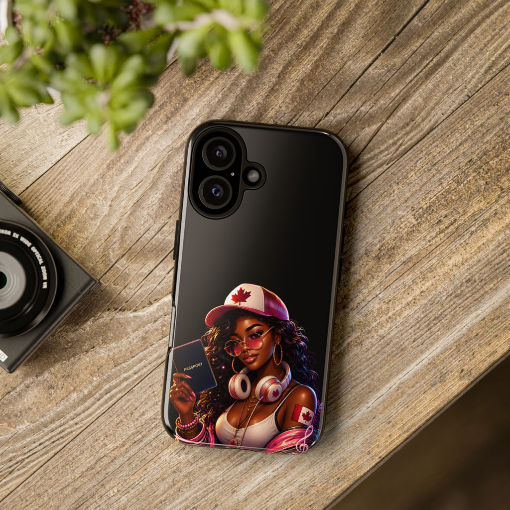 Canadian Vibes Phone Case — Afrobeat Girl with Headphones & Passport Design