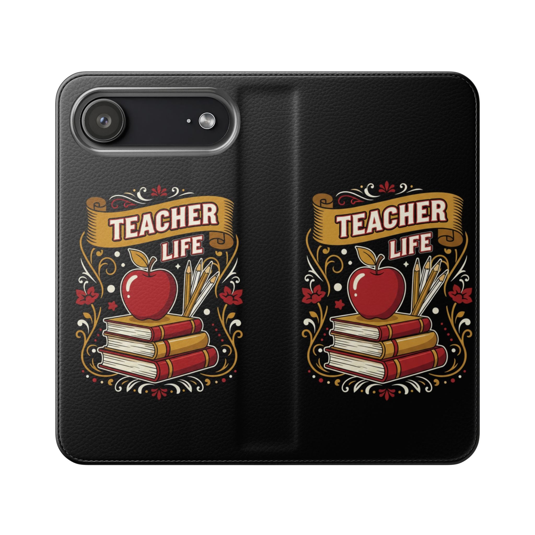 Teacher Life Flip Phone Case – Wallet Folio with Apple & Books Design