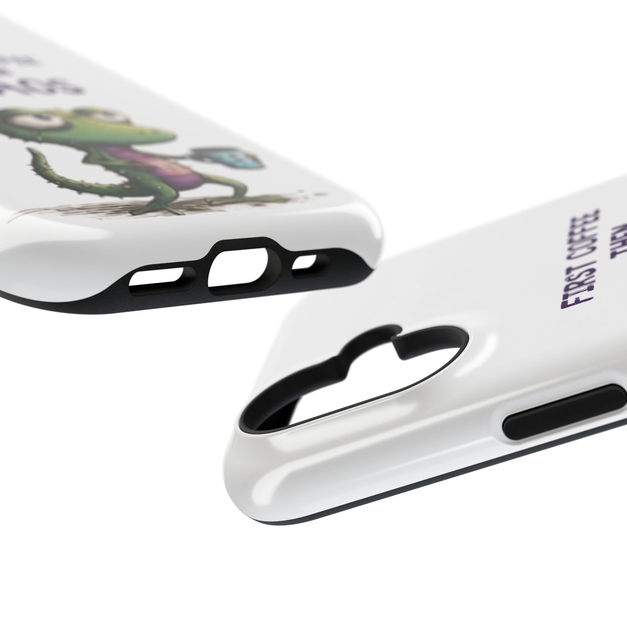 Impact-Resistant Phone Case — "First Coffee Then Chaos" Cute Lizard Coffee Design