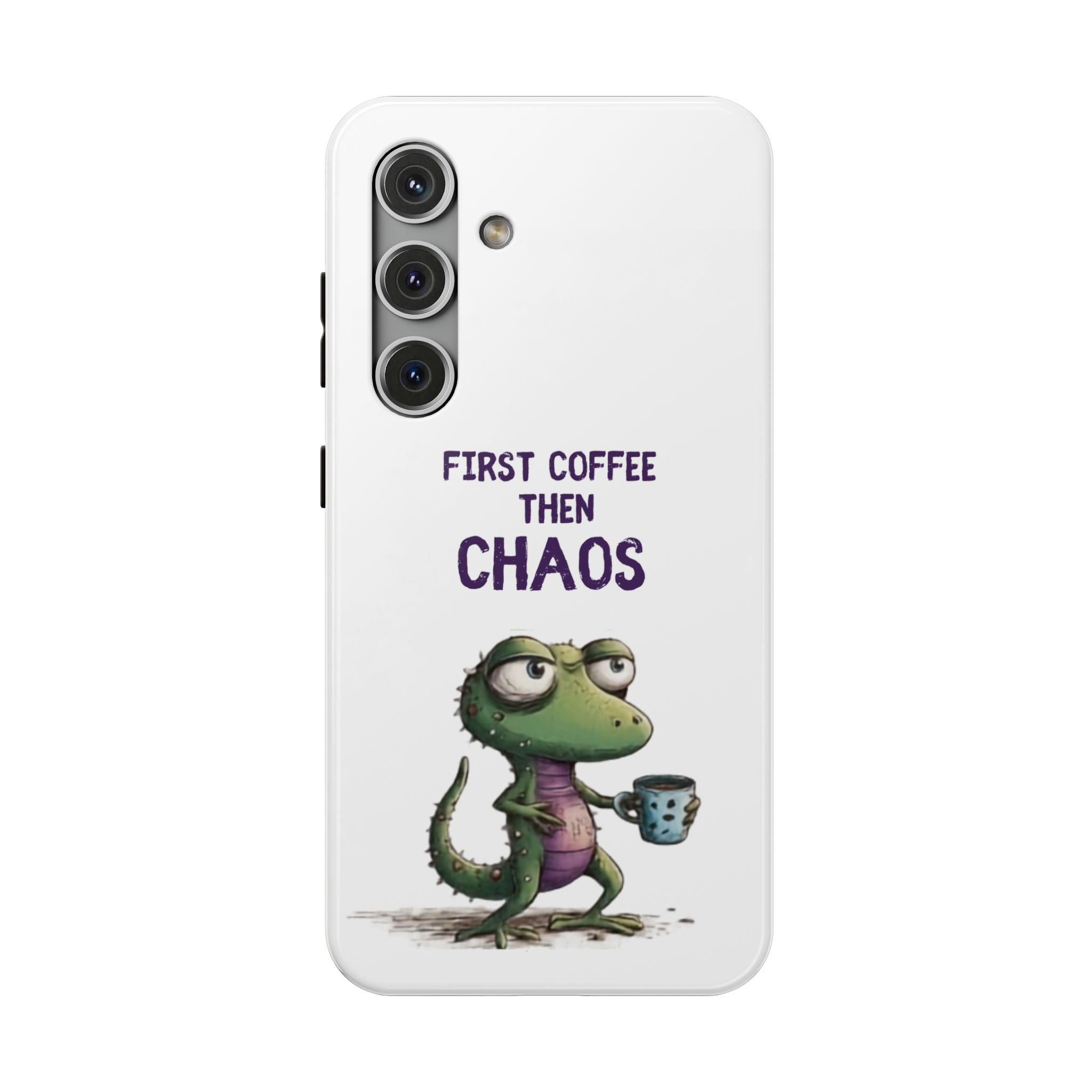 Impact-Resistant Phone Case — "First Coffee Then Chaos" Cute Lizard Coffee Design