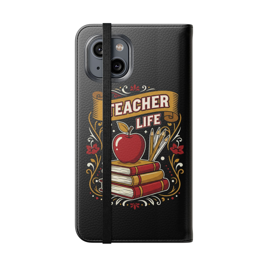 Teacher Life Flip Phone Case – Wallet Folio with Apple & Books Design