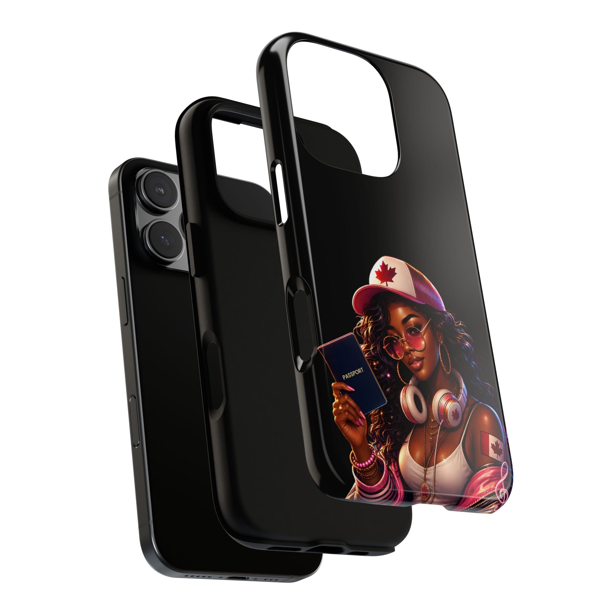 Canadian Vibes Phone Case — Afrobeat Girl with Headphones & Passport Design