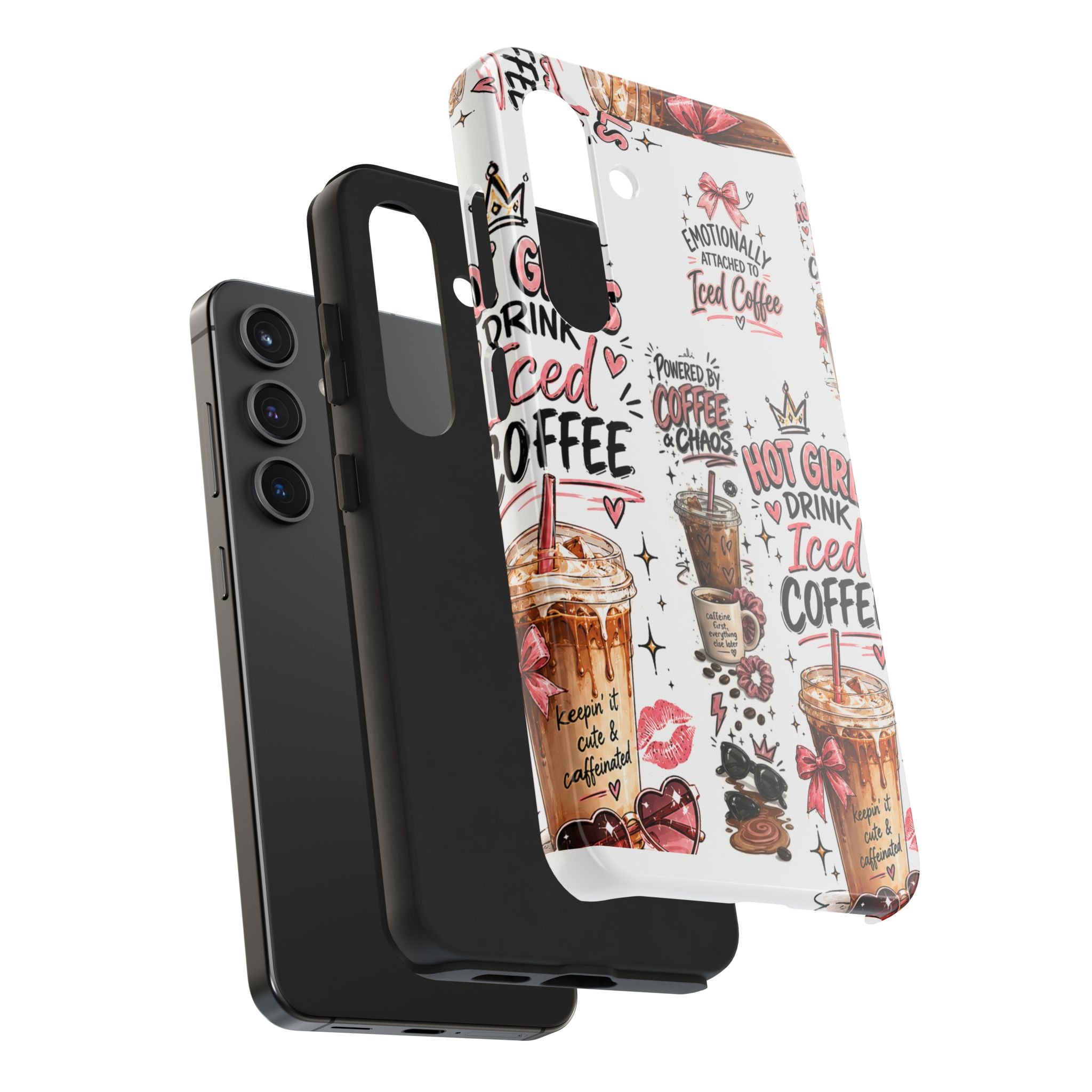 Iced Coffee Pattern Phone Case – "Powered by Coffee & Chaos" Tough Protective Case
