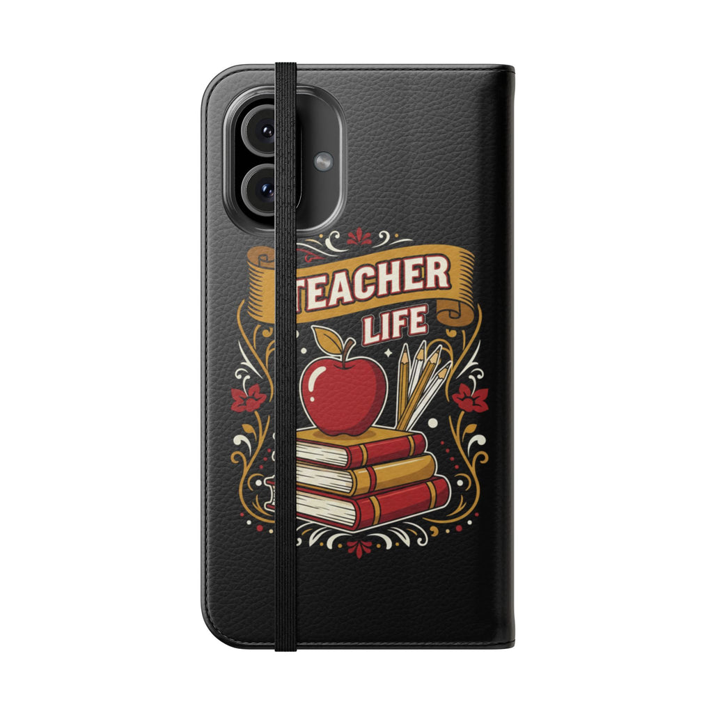 Teacher Life Flip Phone Case – Wallet Folio with Apple & Books Design