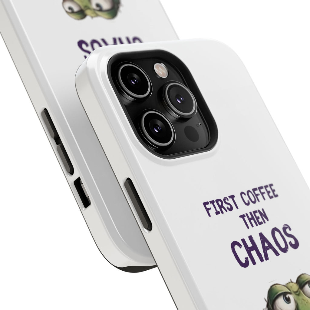 Impact-Resistant Phone Case — "First Coffee Then Chaos" Cute Lizard Coffee Design