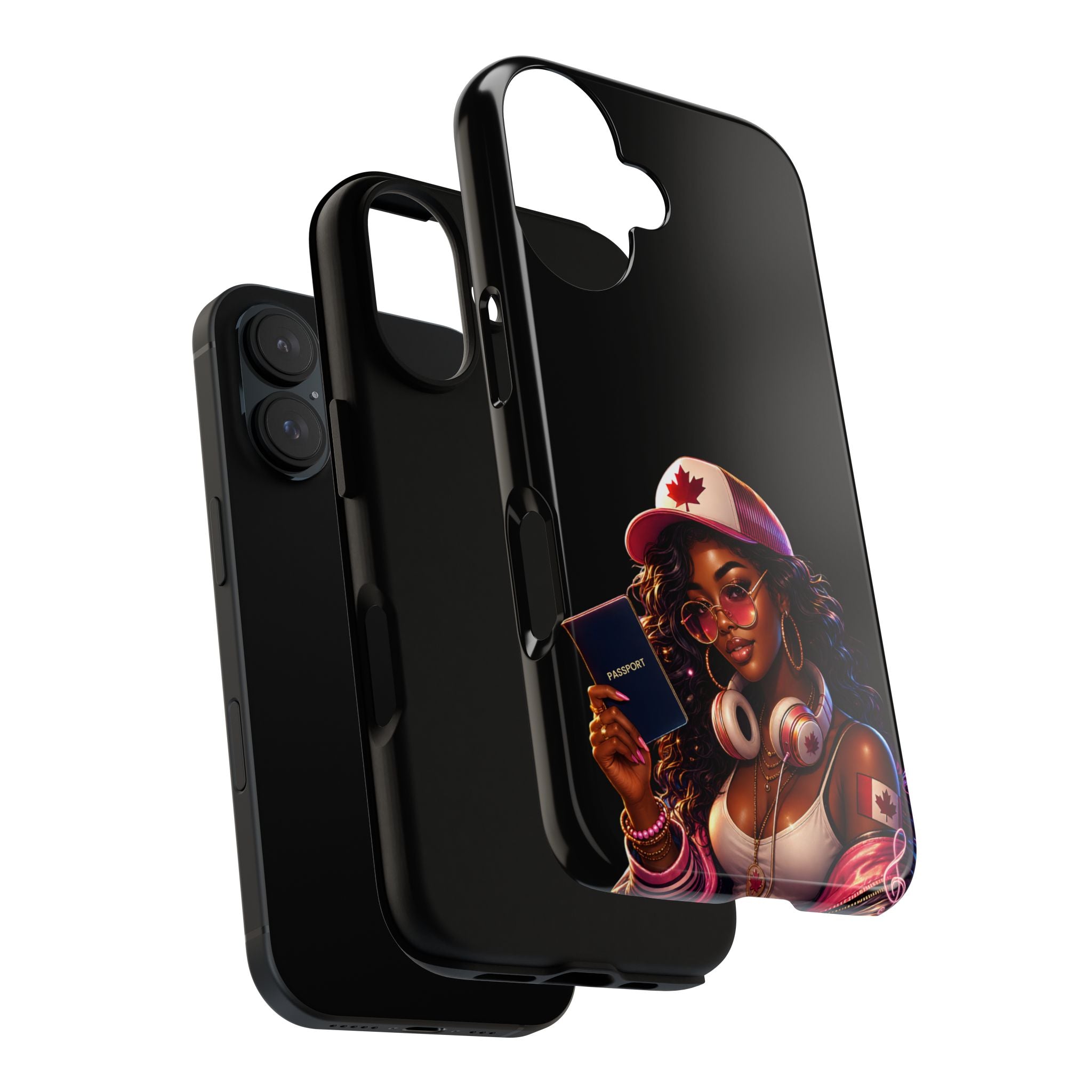 Canadian Vibes Phone Case — Afrobeat Girl with Headphones & Passport Design