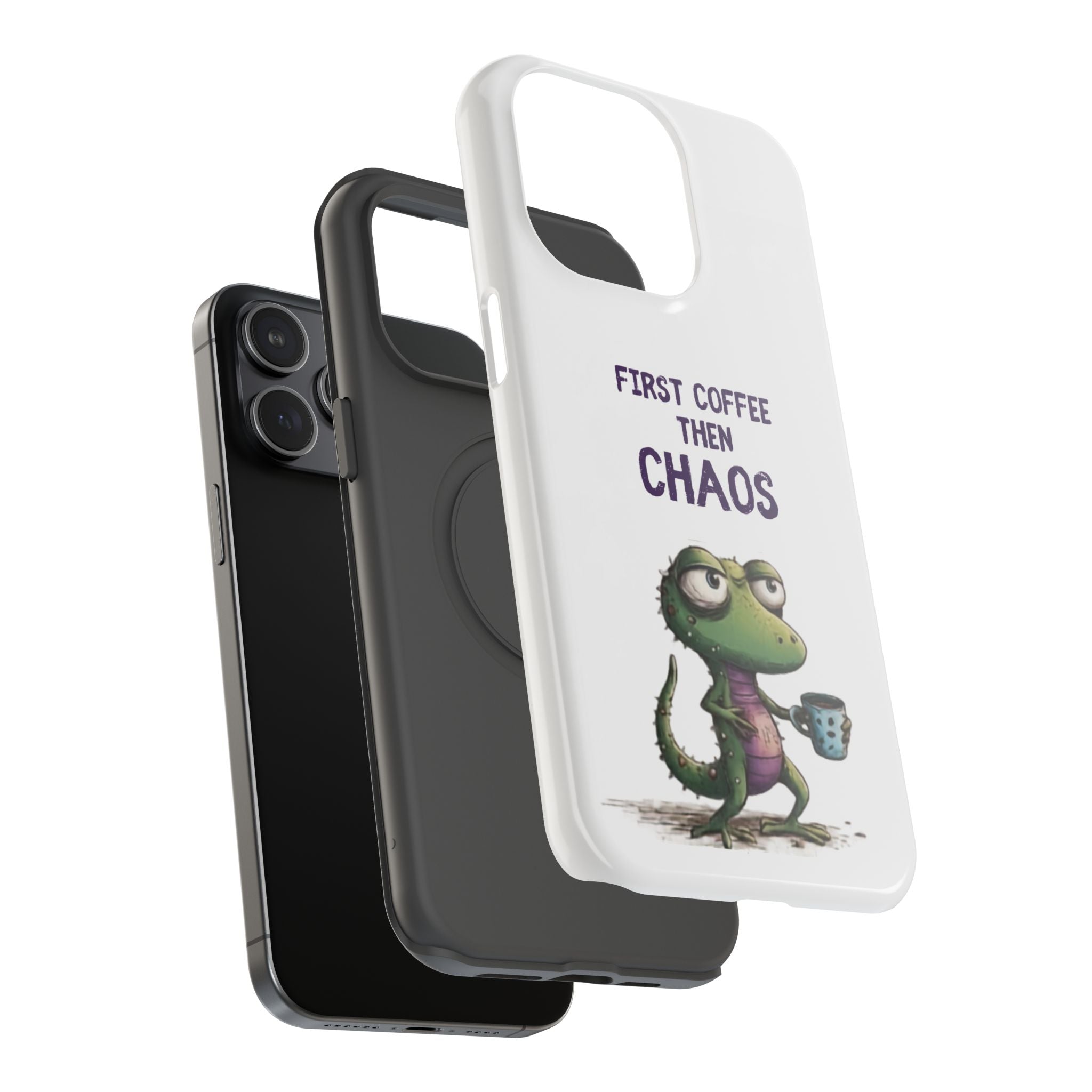 Impact-Resistant Phone Case — "First Coffee Then Chaos" Cute Lizard Coffee Design