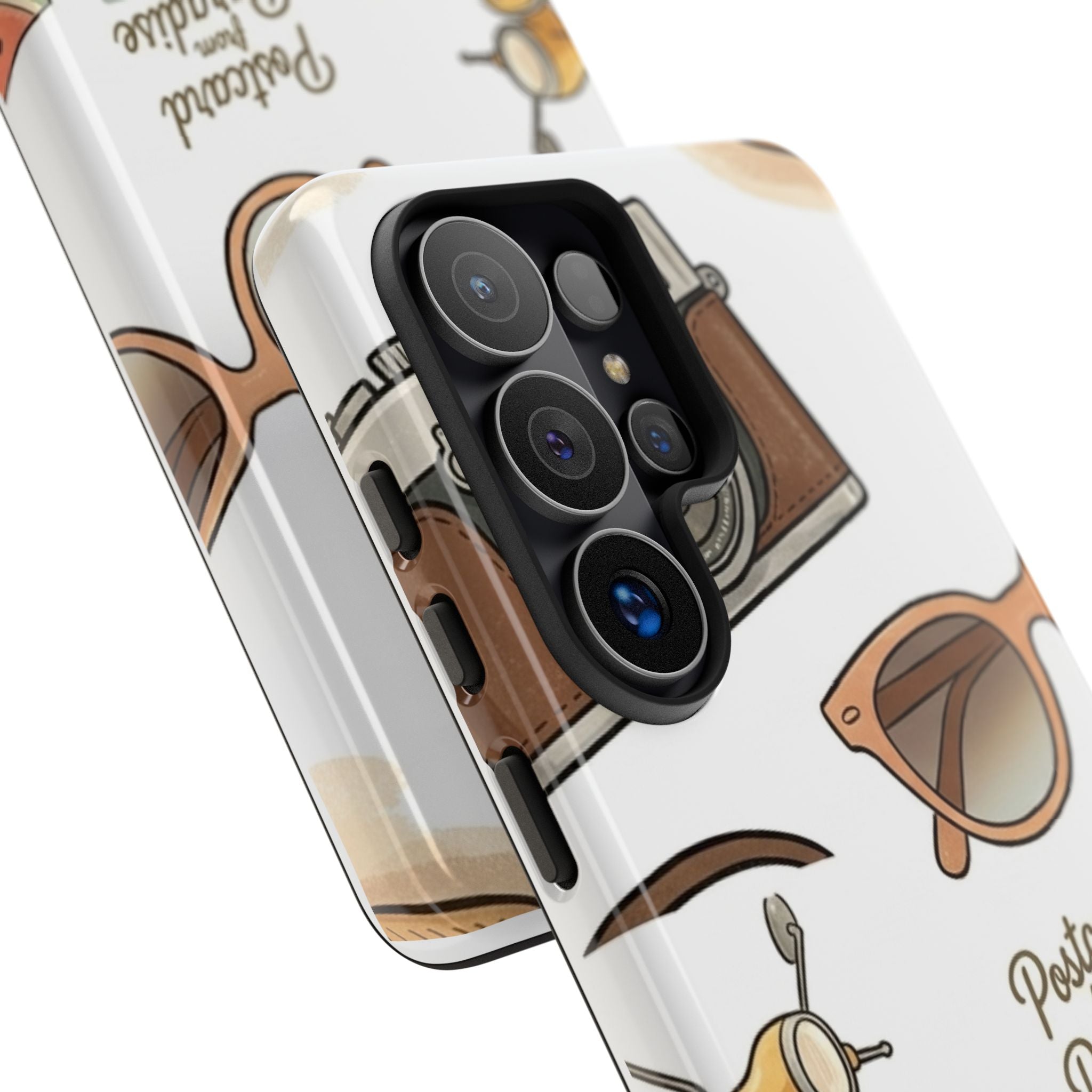 Vintage Summer Beach Phone Case — Feminine Travel Pattern with Cameras, Sunglasses & Scooter