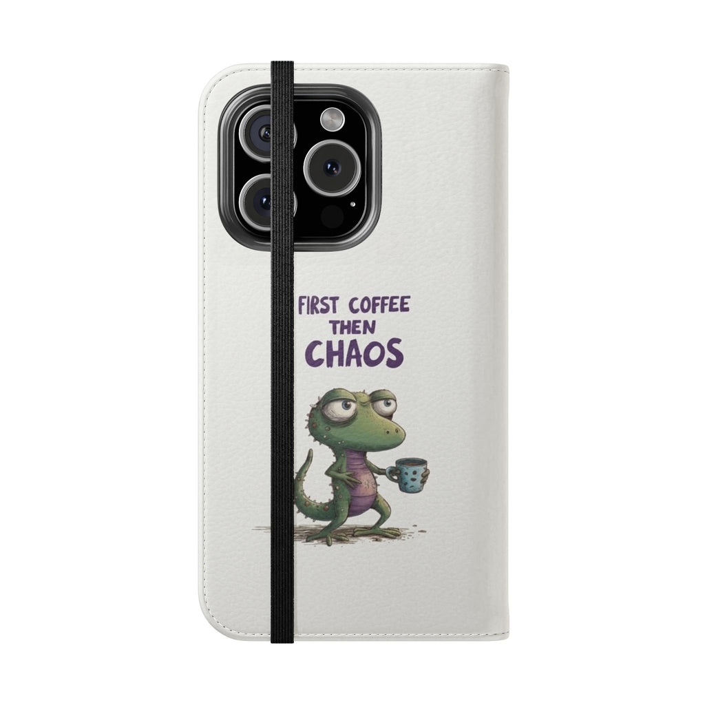 Flip Case — "First Coffee Then Chaos" Cute Dino Phone Wallet