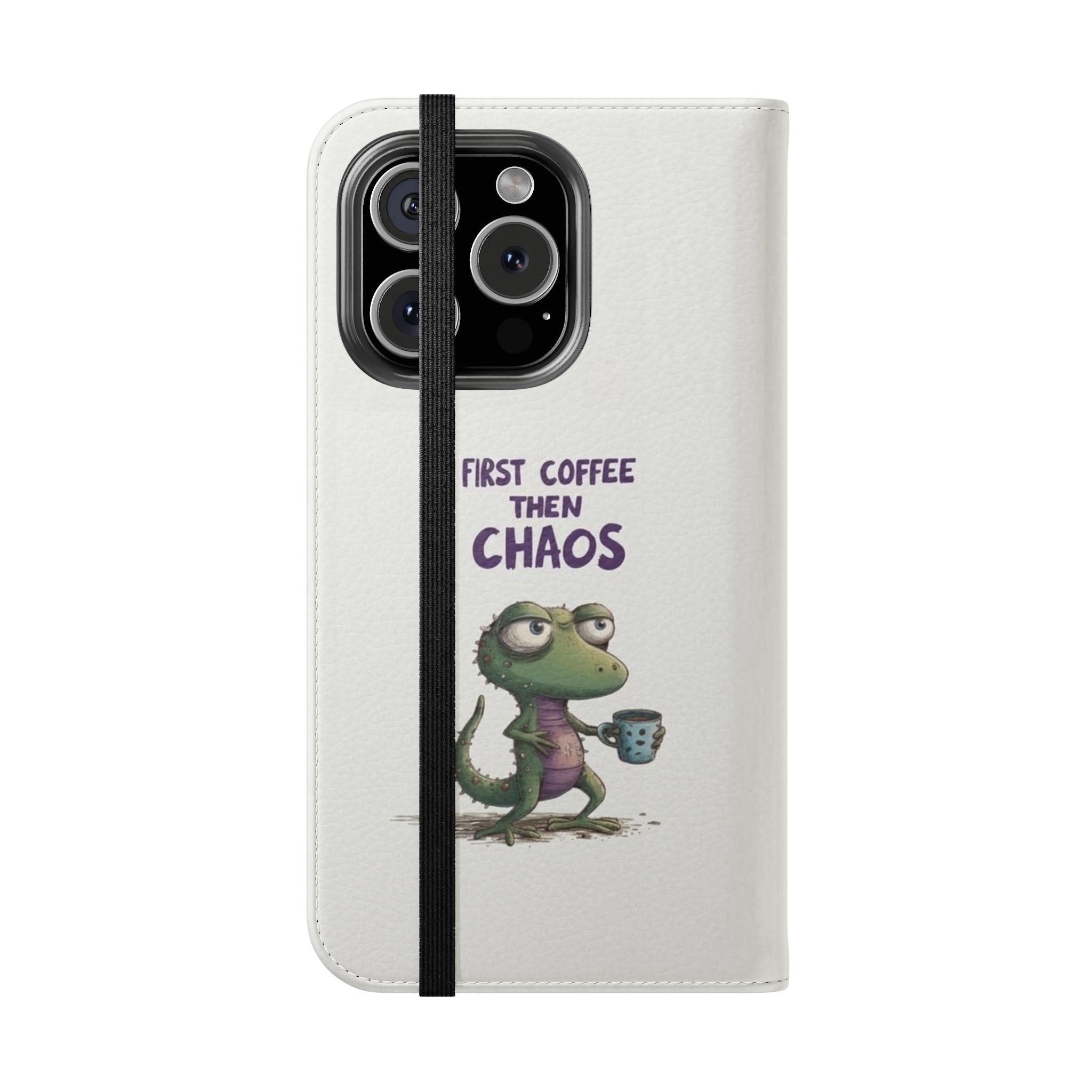Flip Case — "First Coffee Then Chaos" Cute Dino Phone Wallet