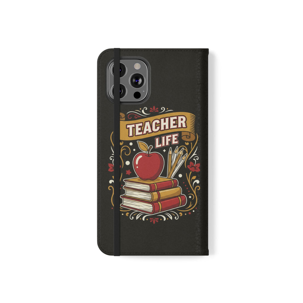 Teacher Life Flip Phone Case – Wallet Folio with Apple & Books Design
