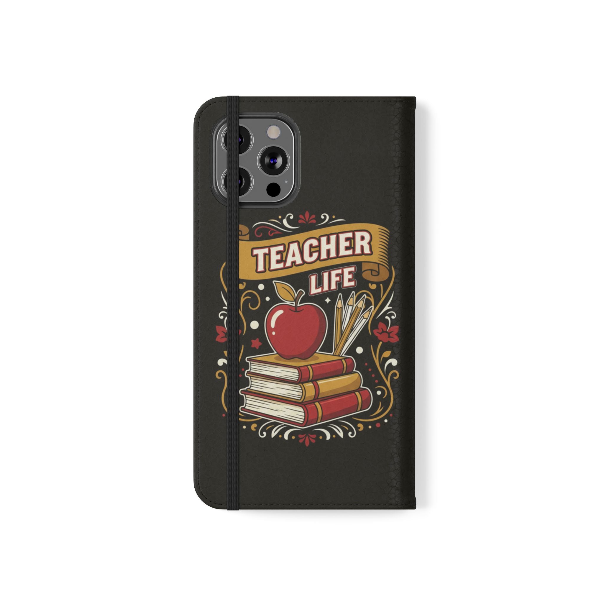 Teacher Life Flip Phone Case – Wallet Folio with Apple & Books Design