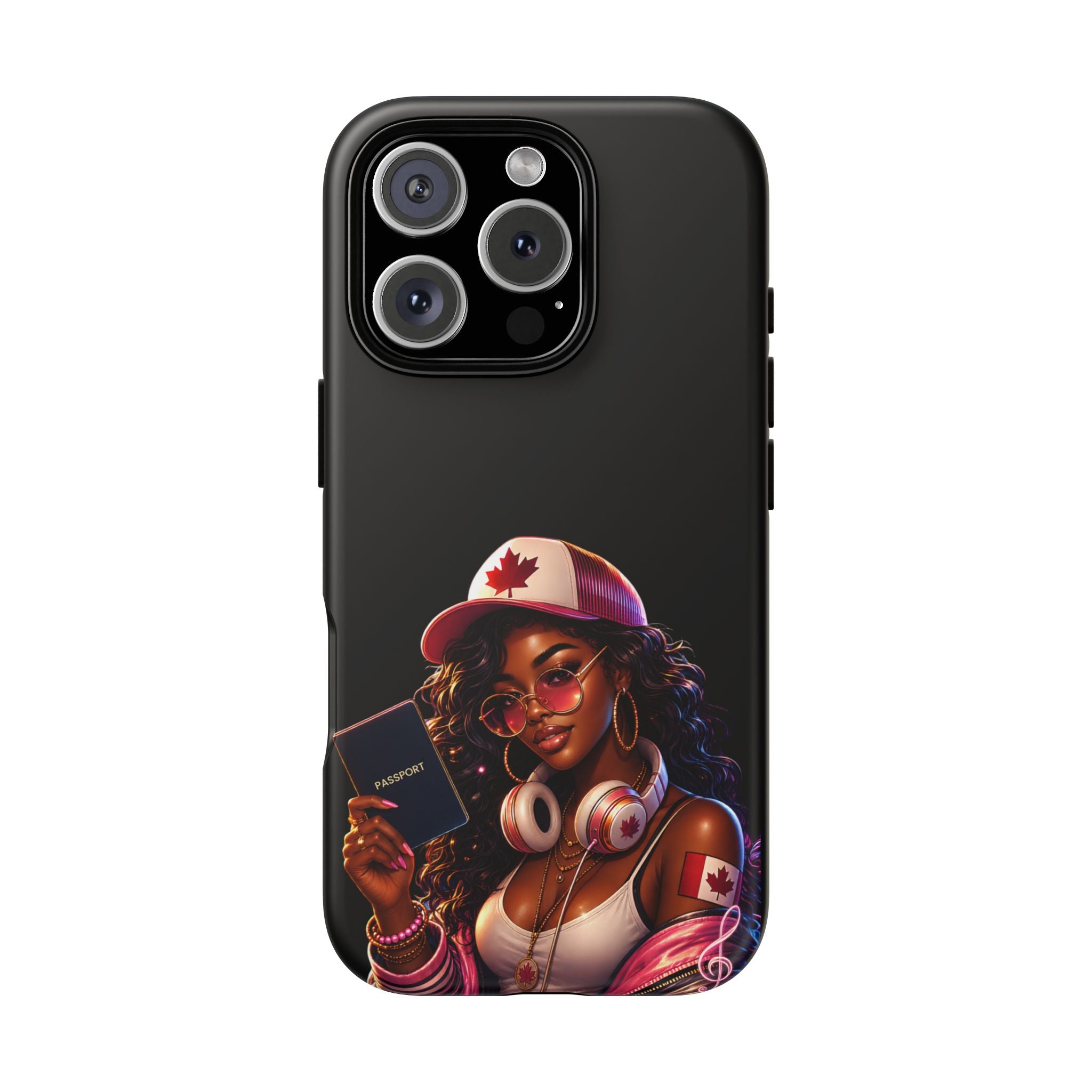 Canadian Vibes Phone Case — Afrobeat Girl with Headphones & Passport Design