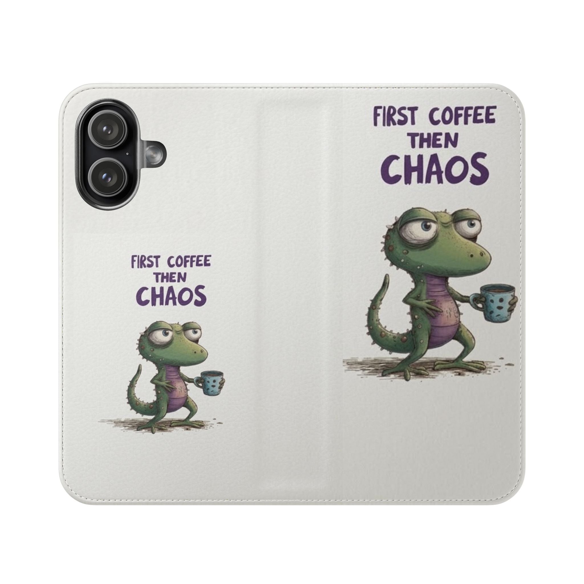 Flip Case — "First Coffee Then Chaos" Cute Dino Phone Wallet