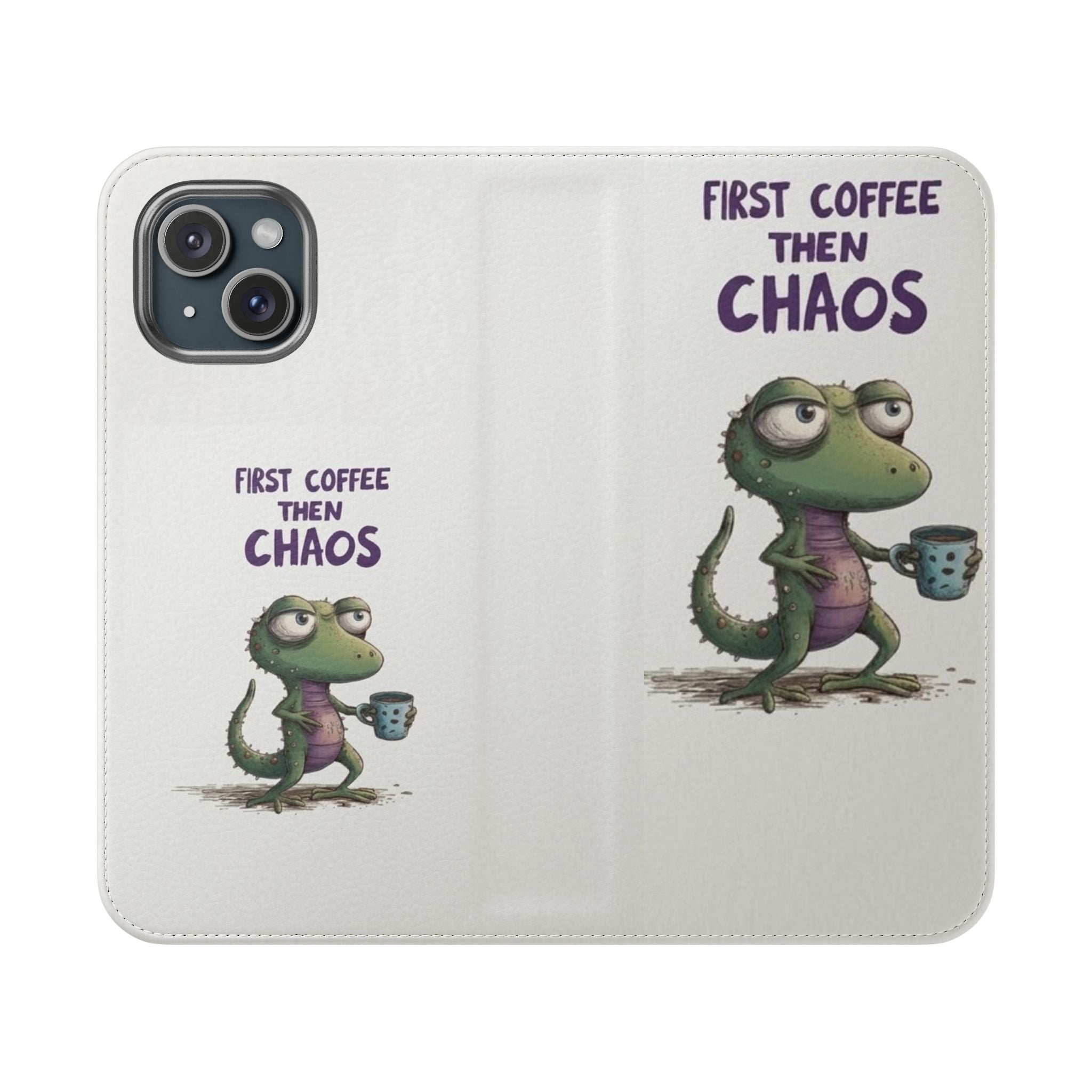 Flip Case — "First Coffee Then Chaos" Cute Dino Phone Wallet