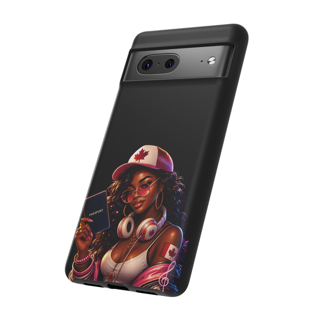 Canadian Vibes Phone Case — Afrobeat Girl with Headphones & Passport Design