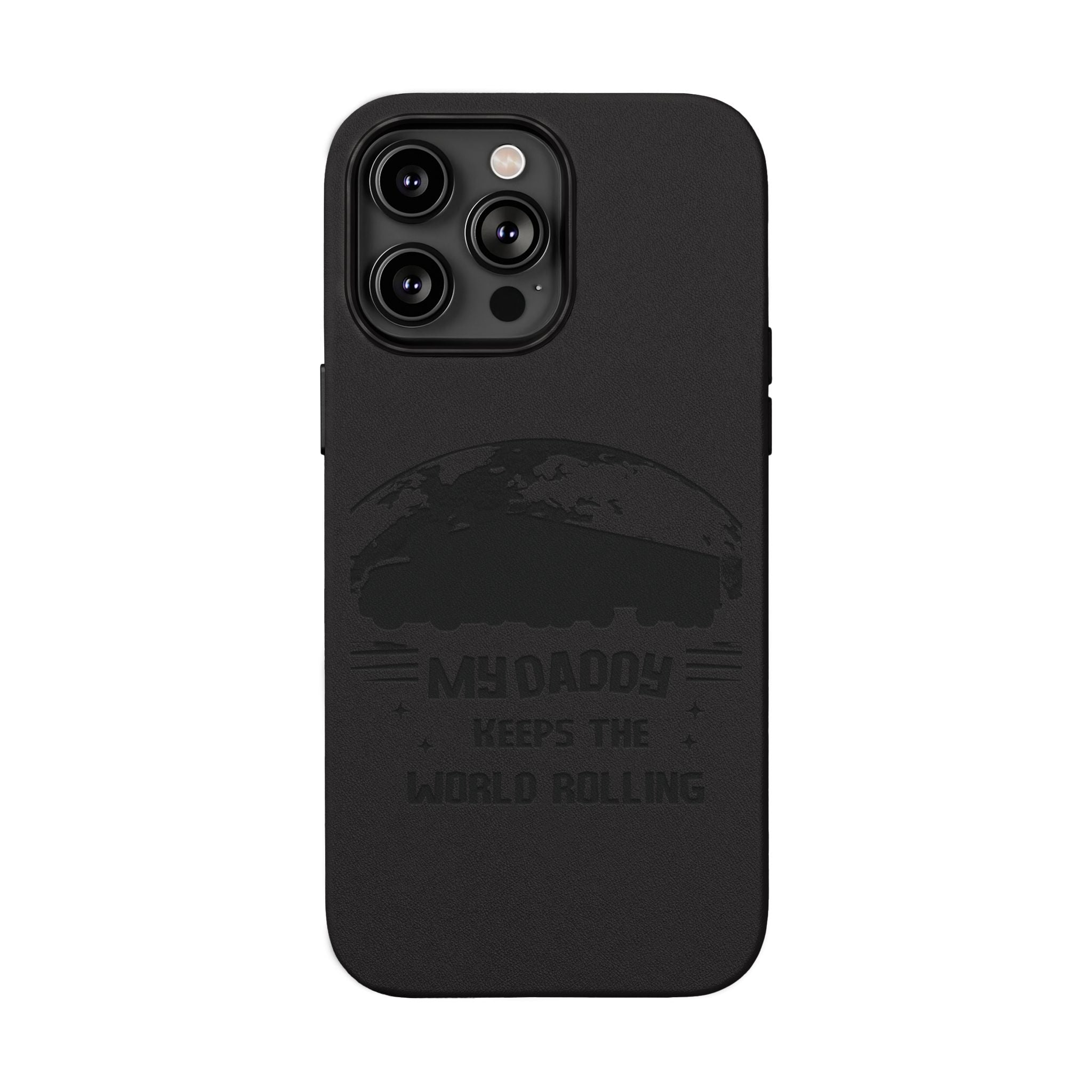 Engraved PU Leather Phone Case — 'Mhdaddy Keeps the World Rolling' Vintage Van Design