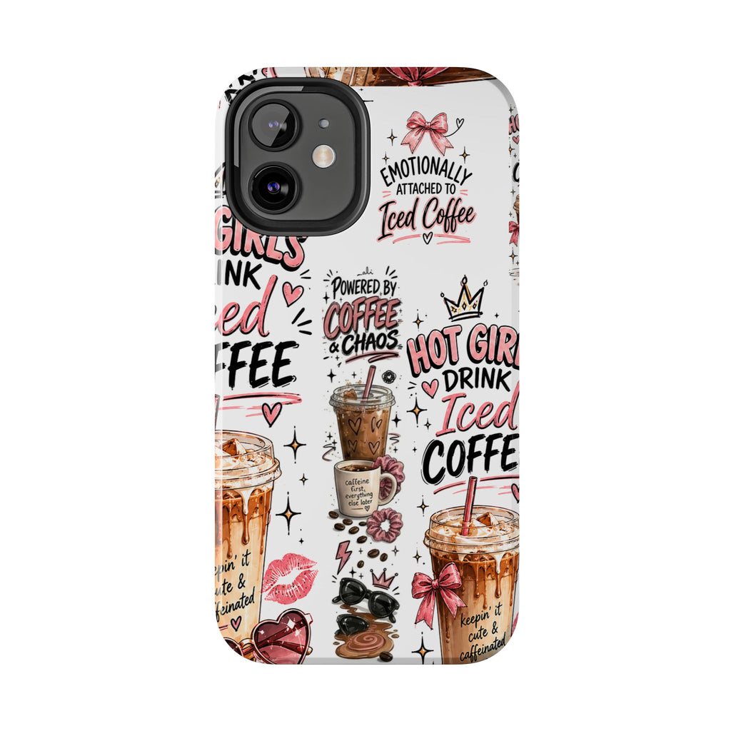 Iced Coffee Pattern Phone Case – "Powered by Coffee & Chaos" Tough Protective Case