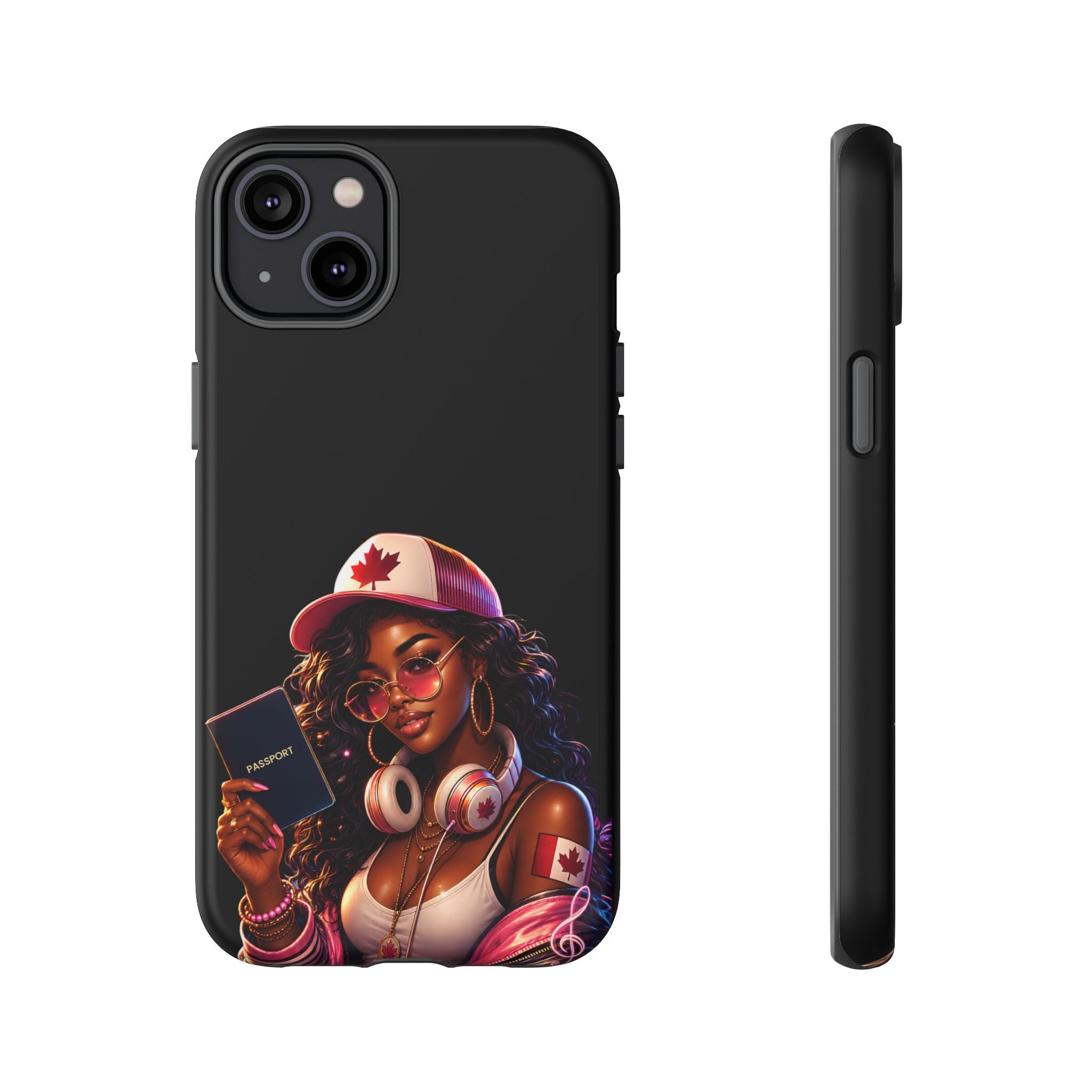 Canadian Vibes Phone Case — Afrobeat Girl with Headphones & Passport Design
