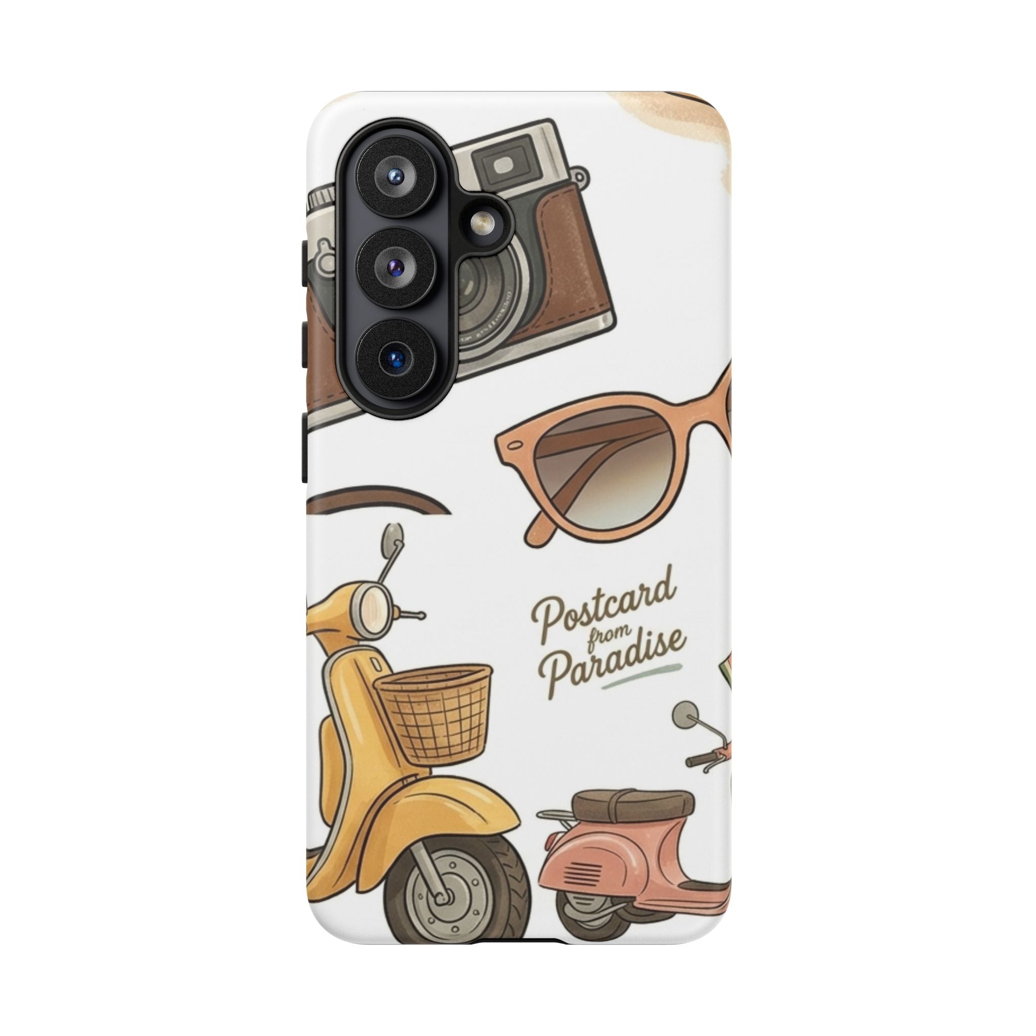 Vintage Summer Beach Phone Case — Feminine Travel Pattern with Cameras, Sunglasses & Scooter