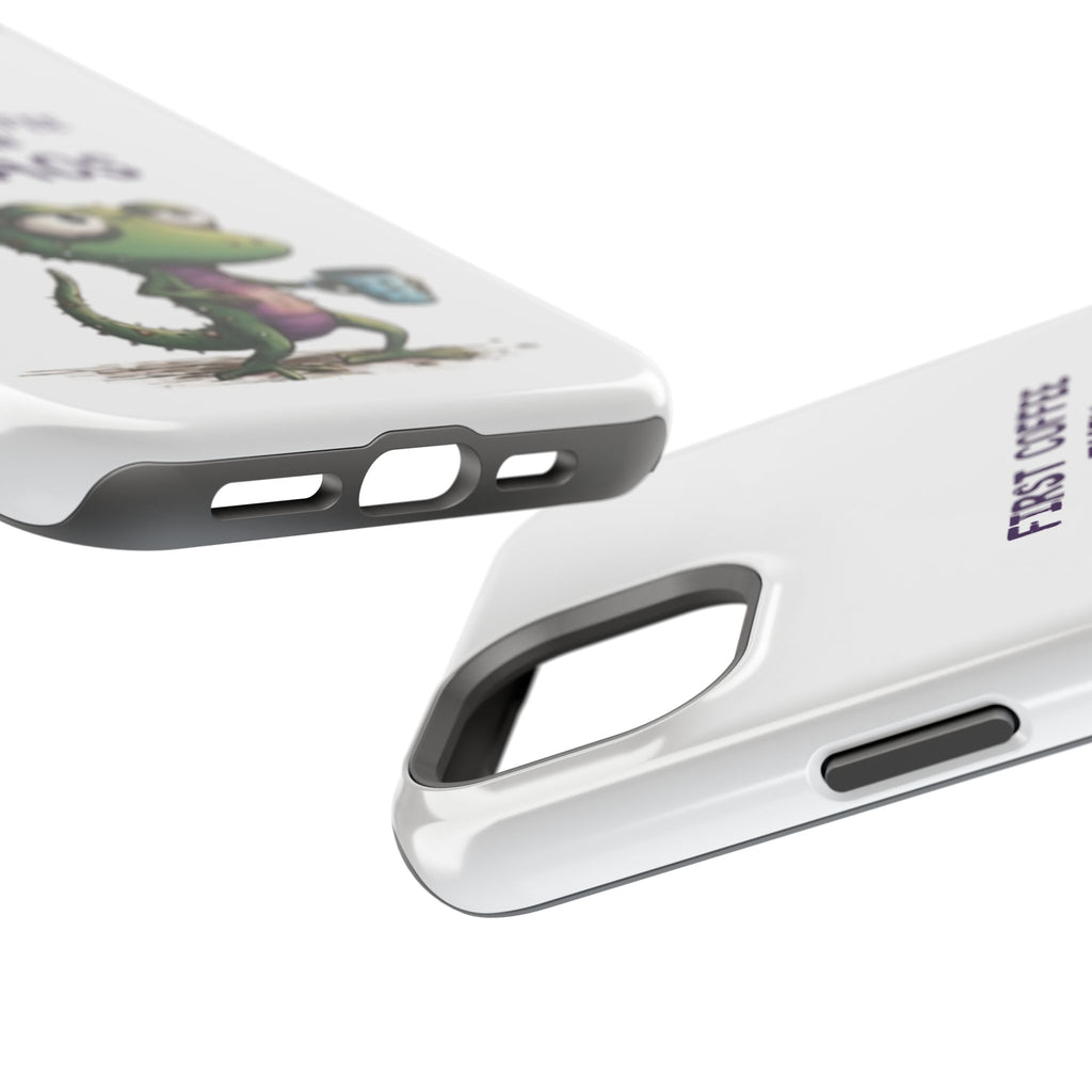 Impact-Resistant Phone Case — "First Coffee Then Chaos" Cute Lizard Coffee Design