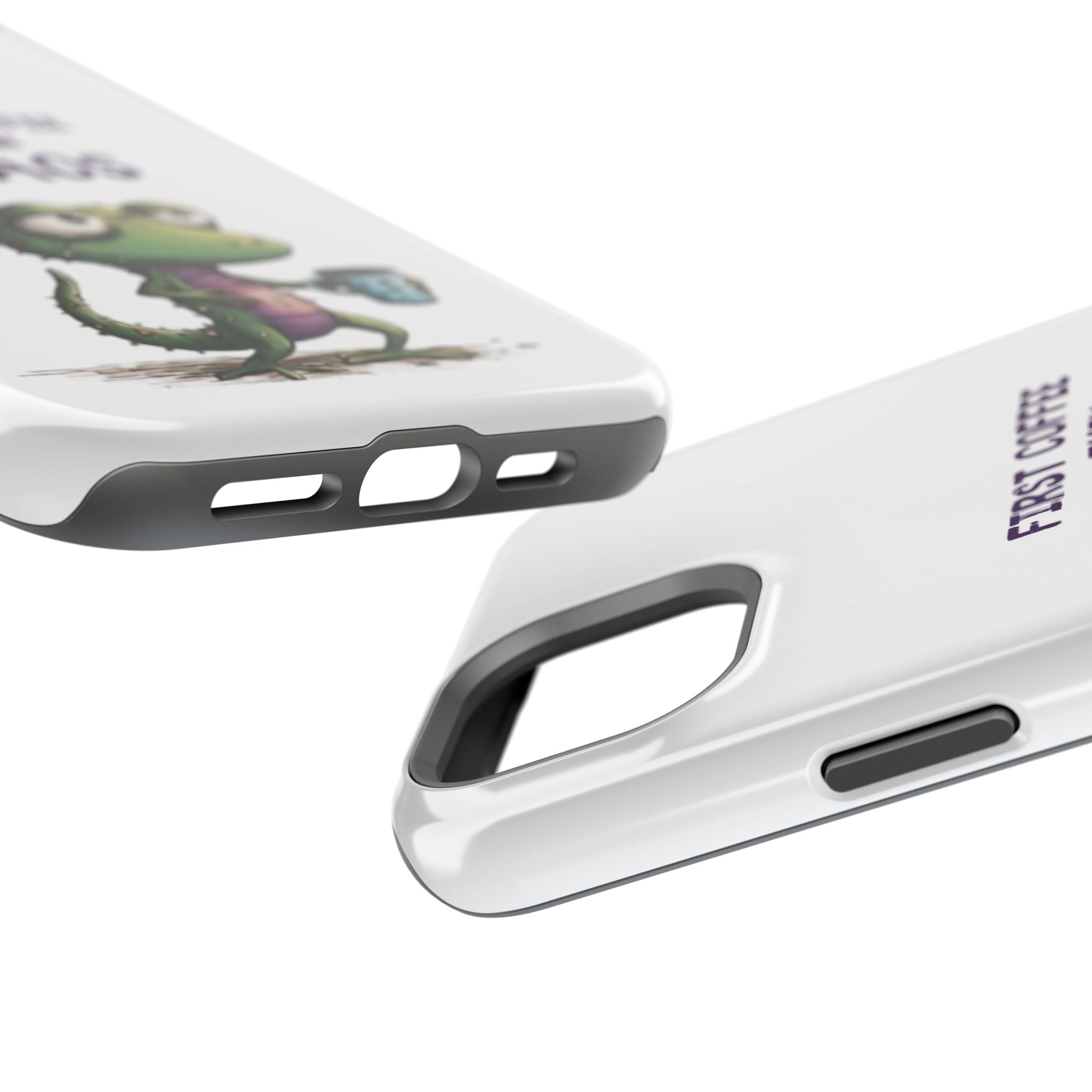 Impact-Resistant Phone Case — "First Coffee Then Chaos" Cute Lizard Coffee Design