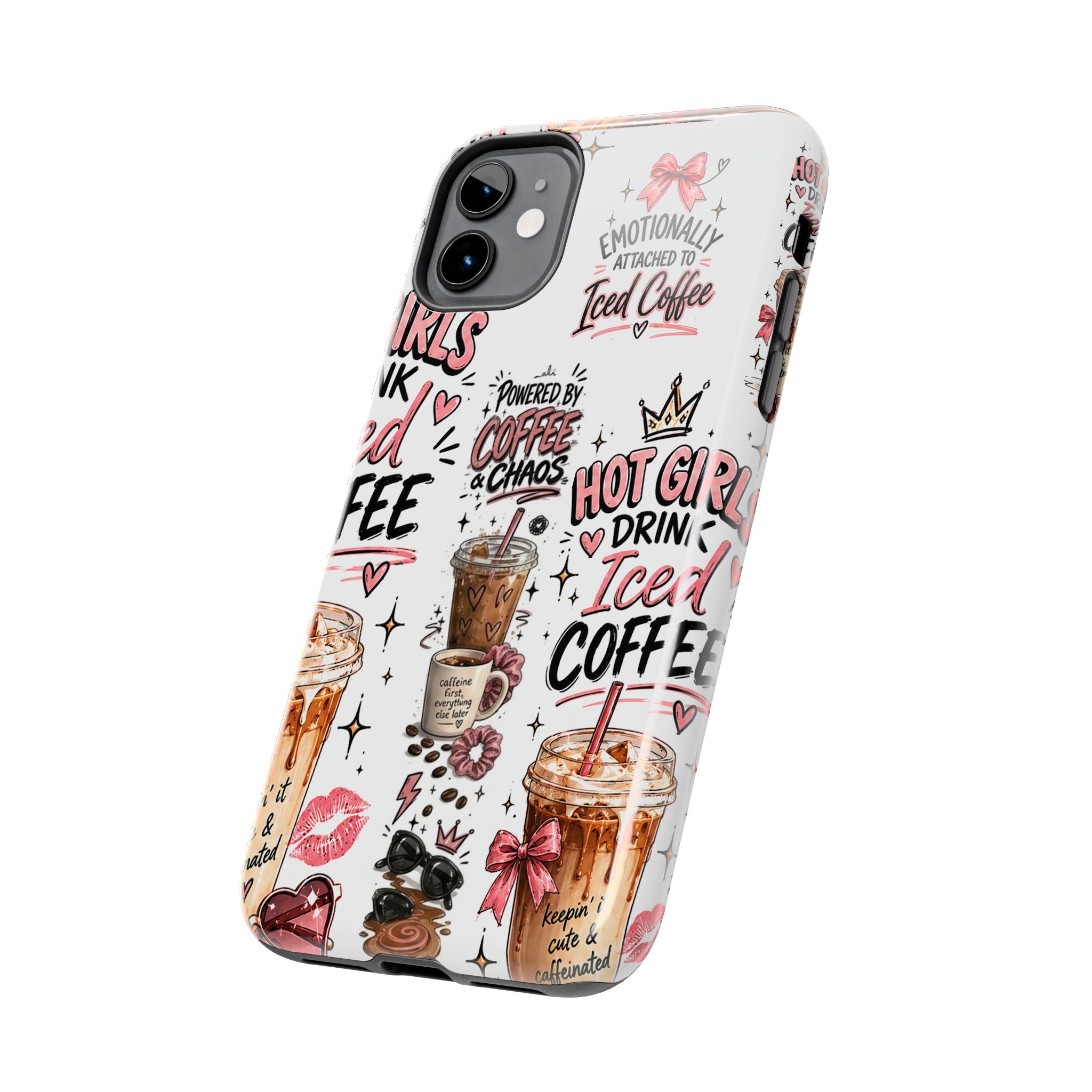 Iced Coffee Pattern Phone Case – "Powered by Coffee & Chaos" Tough Protective Case