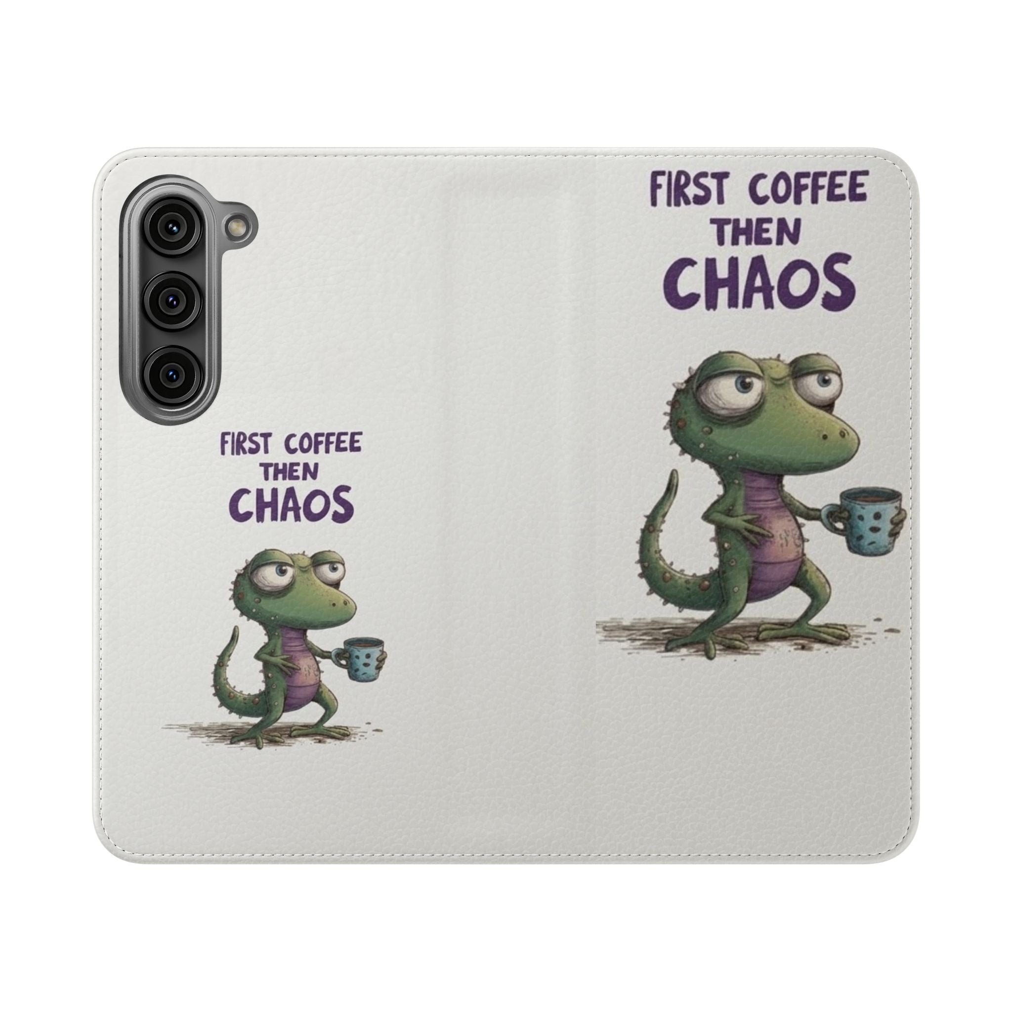Flip Case — "First Coffee Then Chaos" Cute Dino Phone Wallet