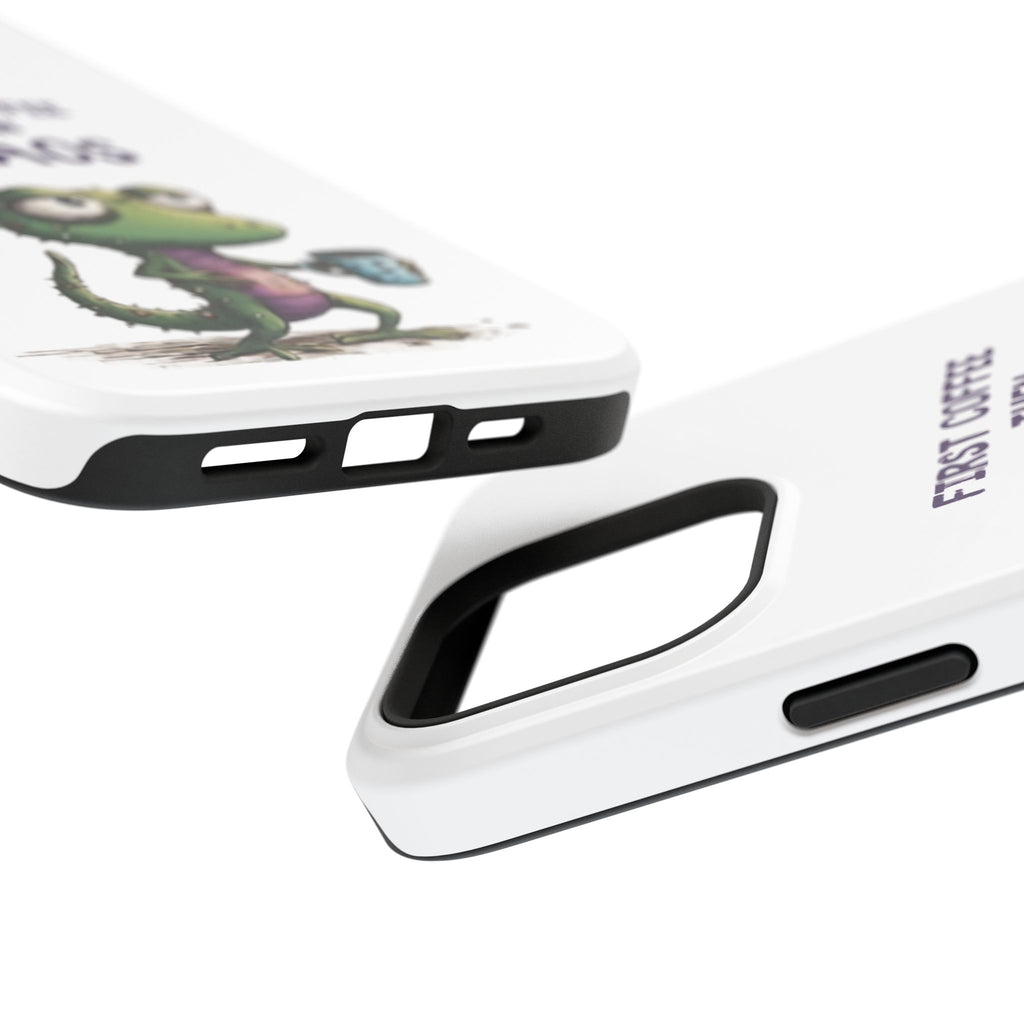 Impact-Resistant Phone Case — "First Coffee Then Chaos" Cute Lizard Coffee Design