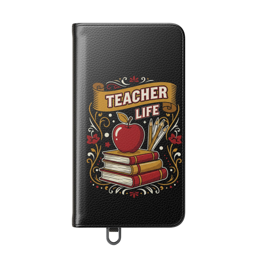 Teacher Life Flip Phone Case – Wallet Folio with Apple & Books Design