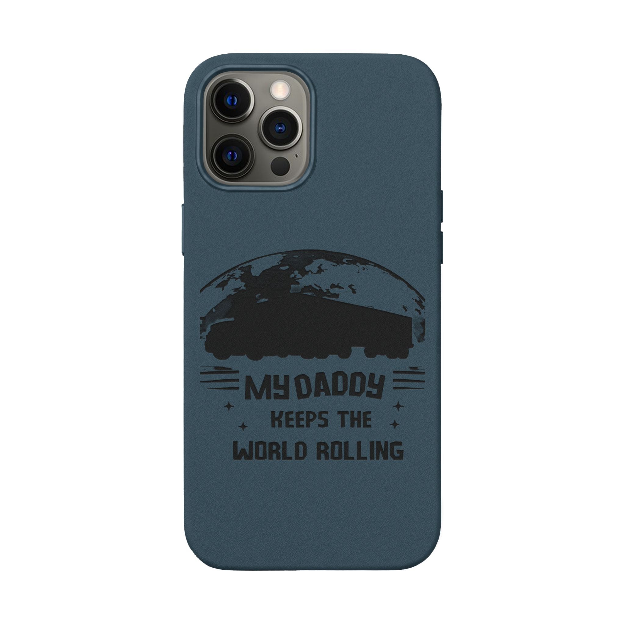 Engraved PU Leather Phone Case — 'Mhdaddy Keeps the World Rolling' Vintage Van Design