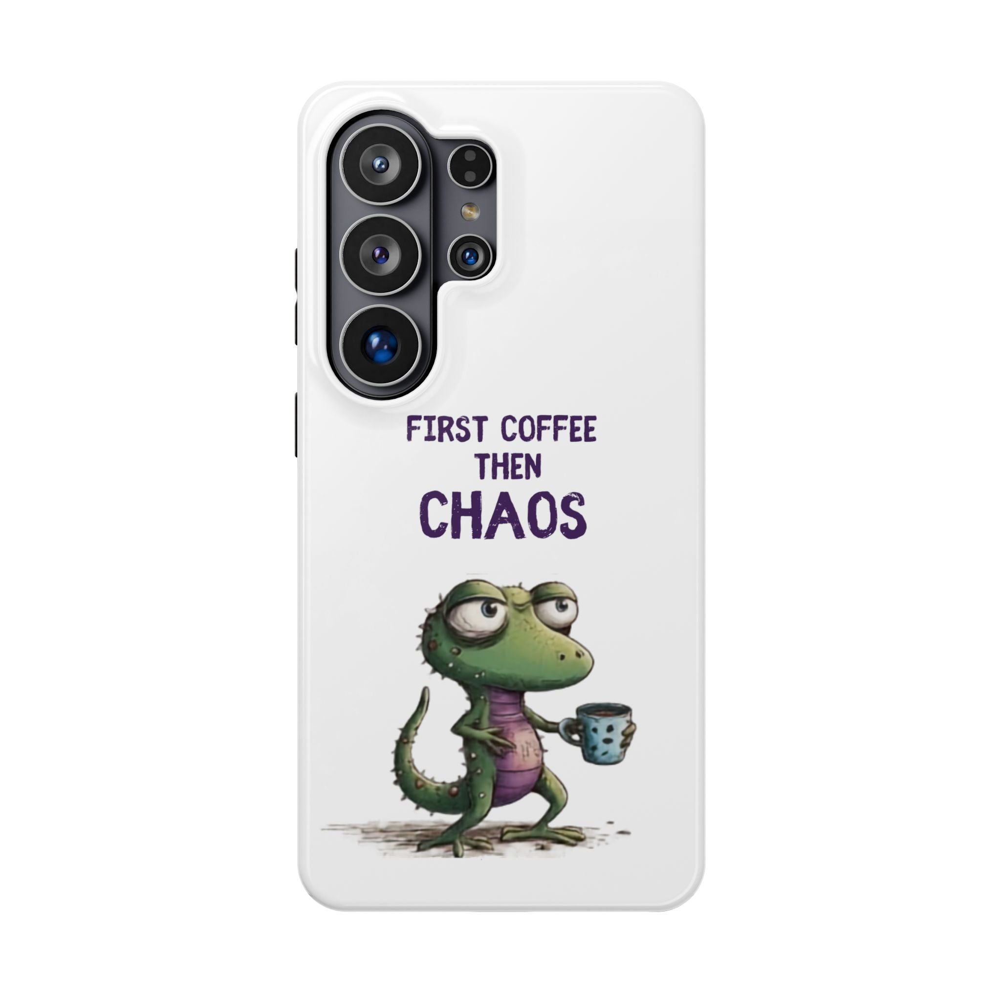 Impact-Resistant Phone Case — "First Coffee Then Chaos" Cute Lizard Coffee Design