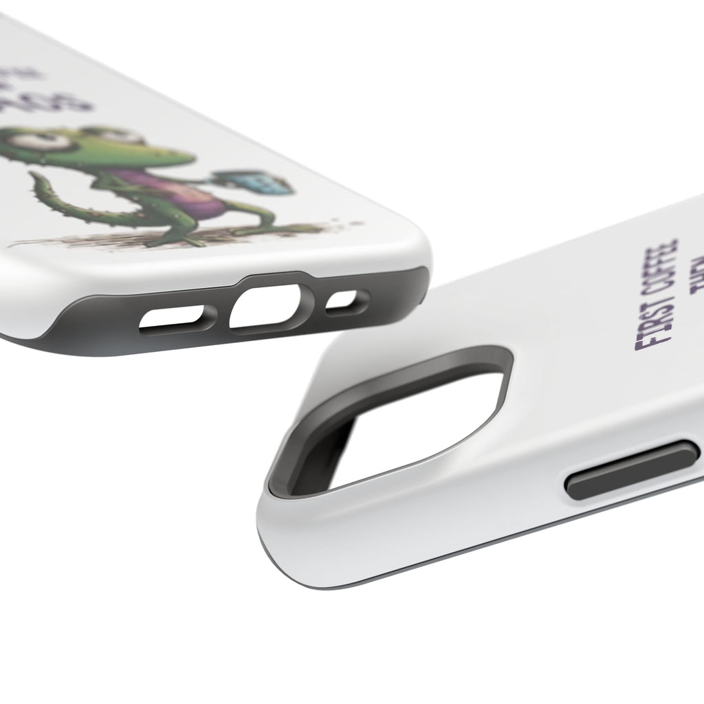 Impact-Resistant Phone Case — "First Coffee Then Chaos" Cute Lizard Coffee Design