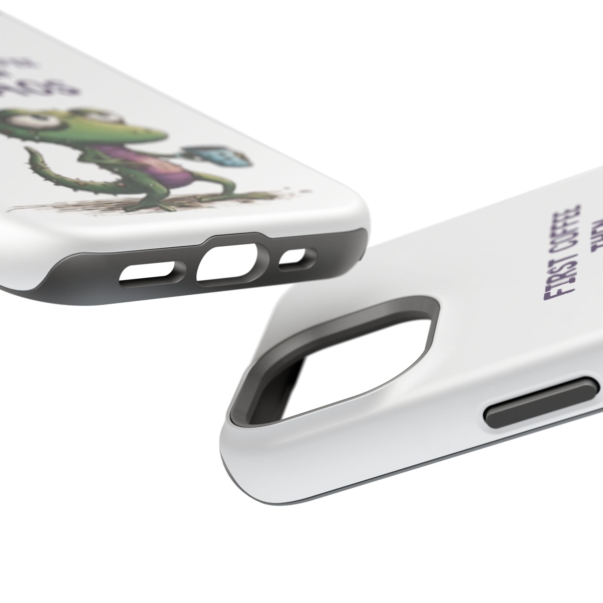 Impact-Resistant Phone Case — "First Coffee Then Chaos" Cute Lizard Coffee Design