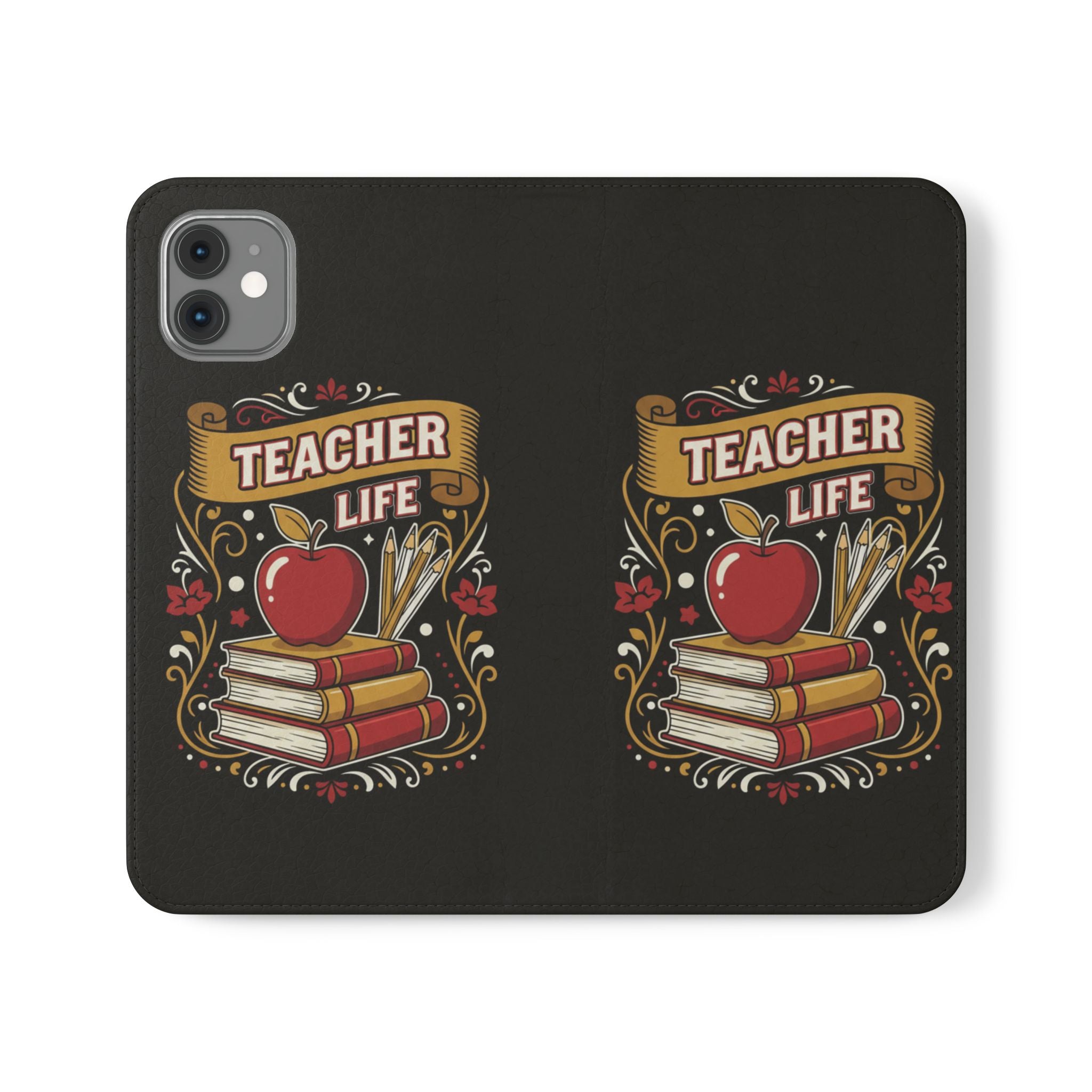 Teacher Life Flip Phone Case – Wallet Folio with Apple & Books Design