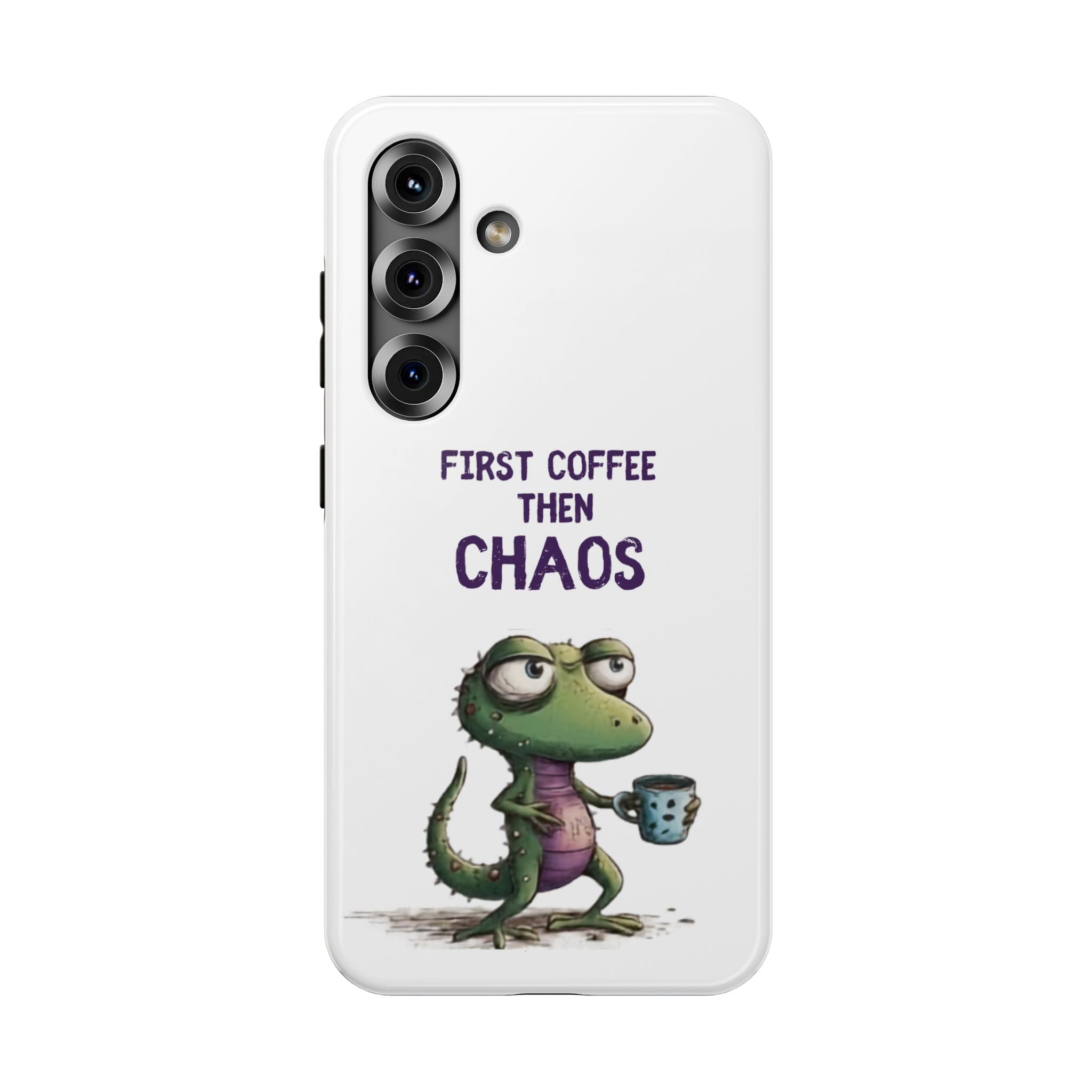 Impact-Resistant Phone Case — "First Coffee Then Chaos" Cute Lizard Coffee Design