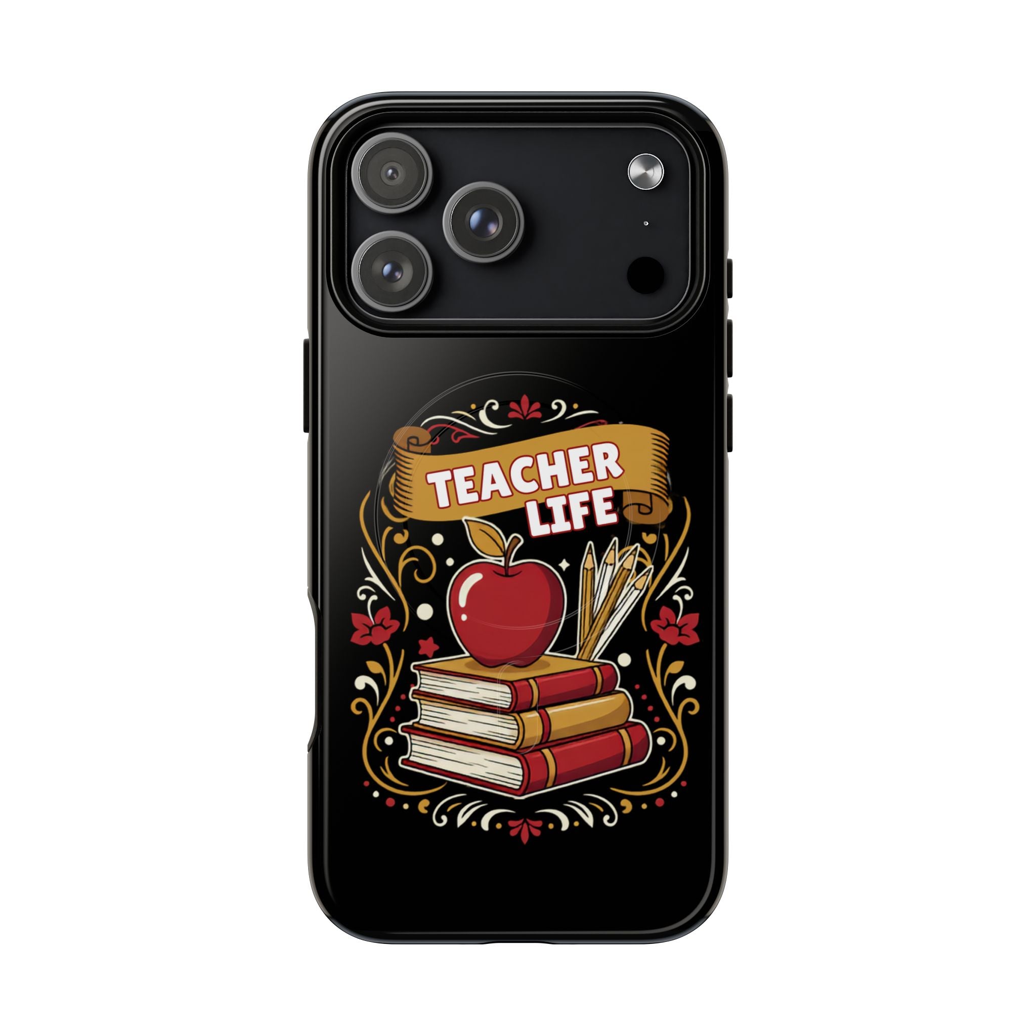 Teacher Life Phone Case - Tough Magnetic Protective Cover with Apple & Books Design