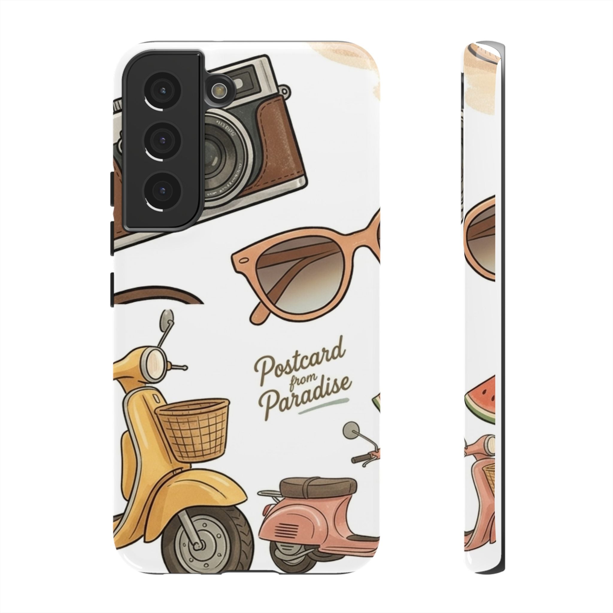 Vintage Summer Beach Phone Case — Feminine Travel Pattern with Cameras, Sunglasses & Scooter