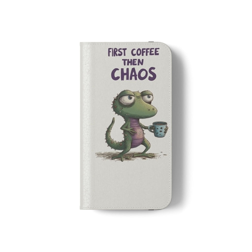 Flip Case — "First Coffee Then Chaos" Cute Dino Phone Wallet