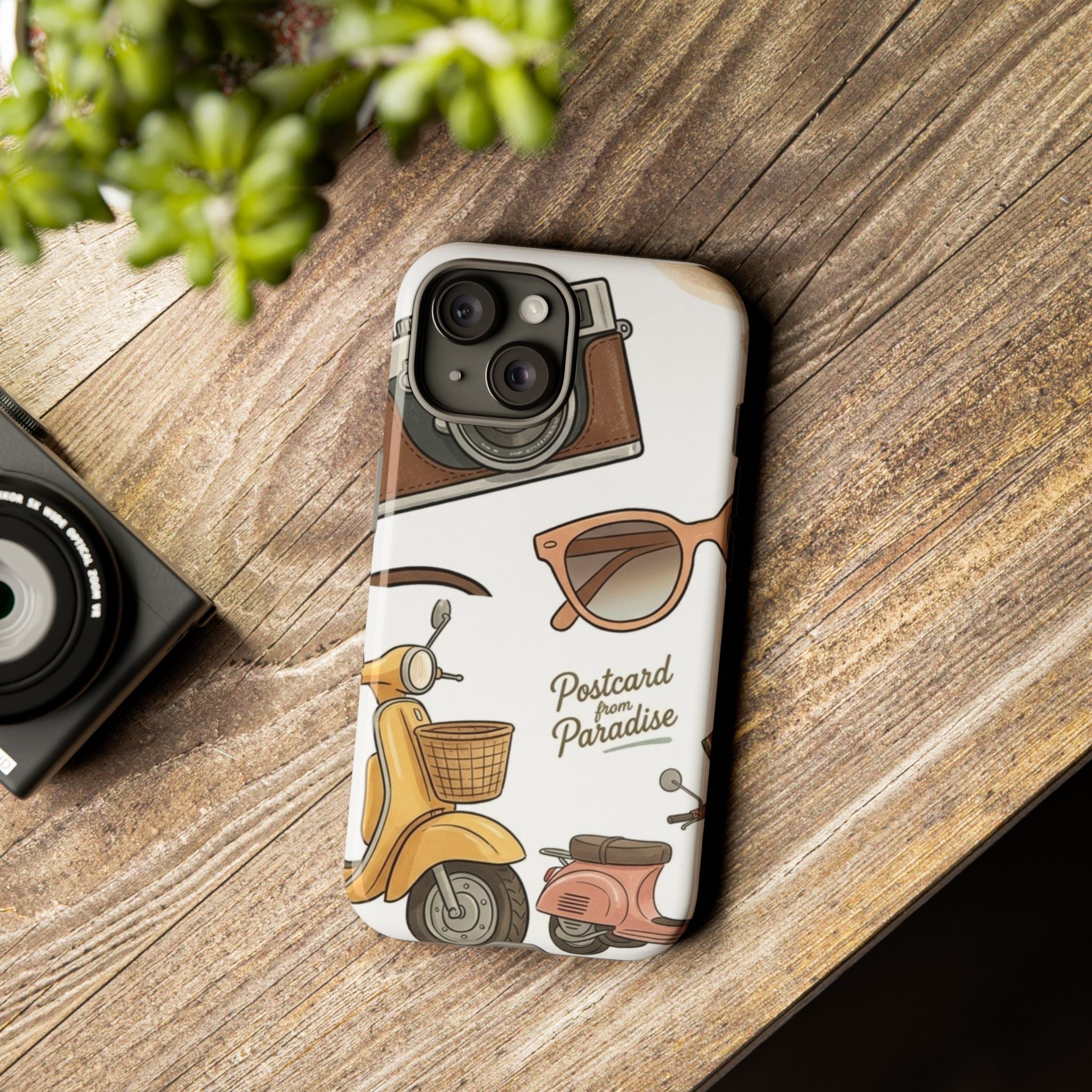 Vintage Summer Beach Phone Case — Feminine Travel Pattern with Cameras, Sunglasses & Scooter