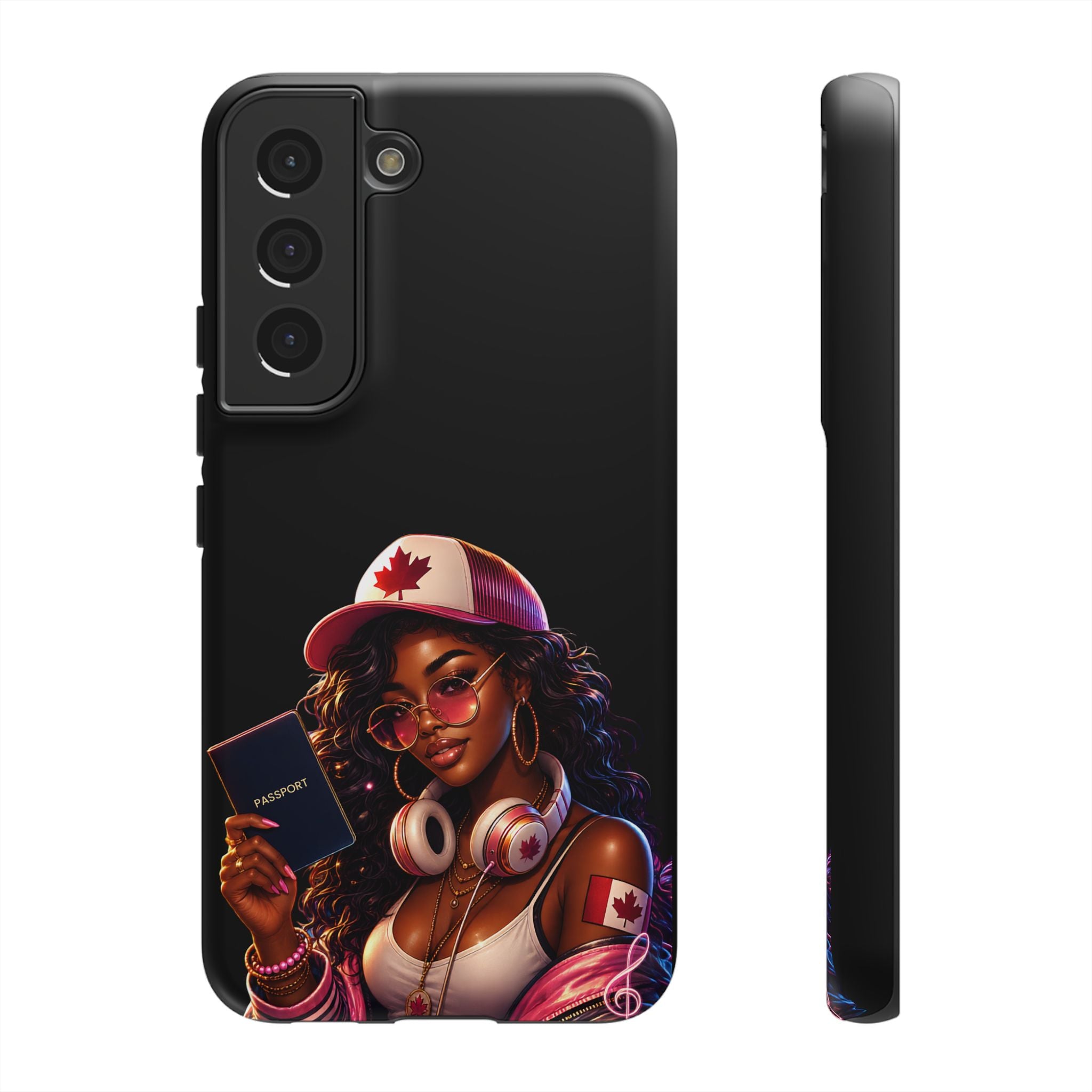 Canadian Vibes Phone Case — Afrobeat Girl with Headphones & Passport Design