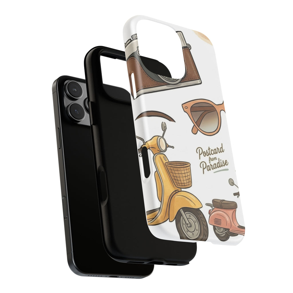 Vintage Summer Beach Phone Case — Feminine Travel Pattern with Cameras, Sunglasses & Scooter