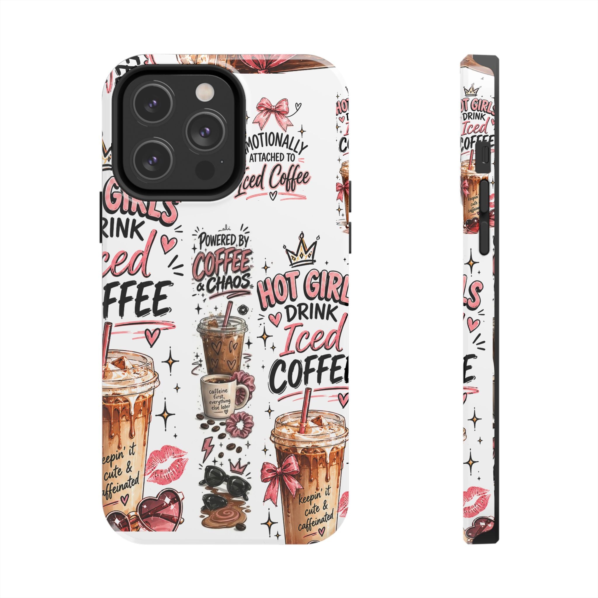 Iced Coffee Pattern Phone Case – "Powered by Coffee & Chaos" Tough Protective Case