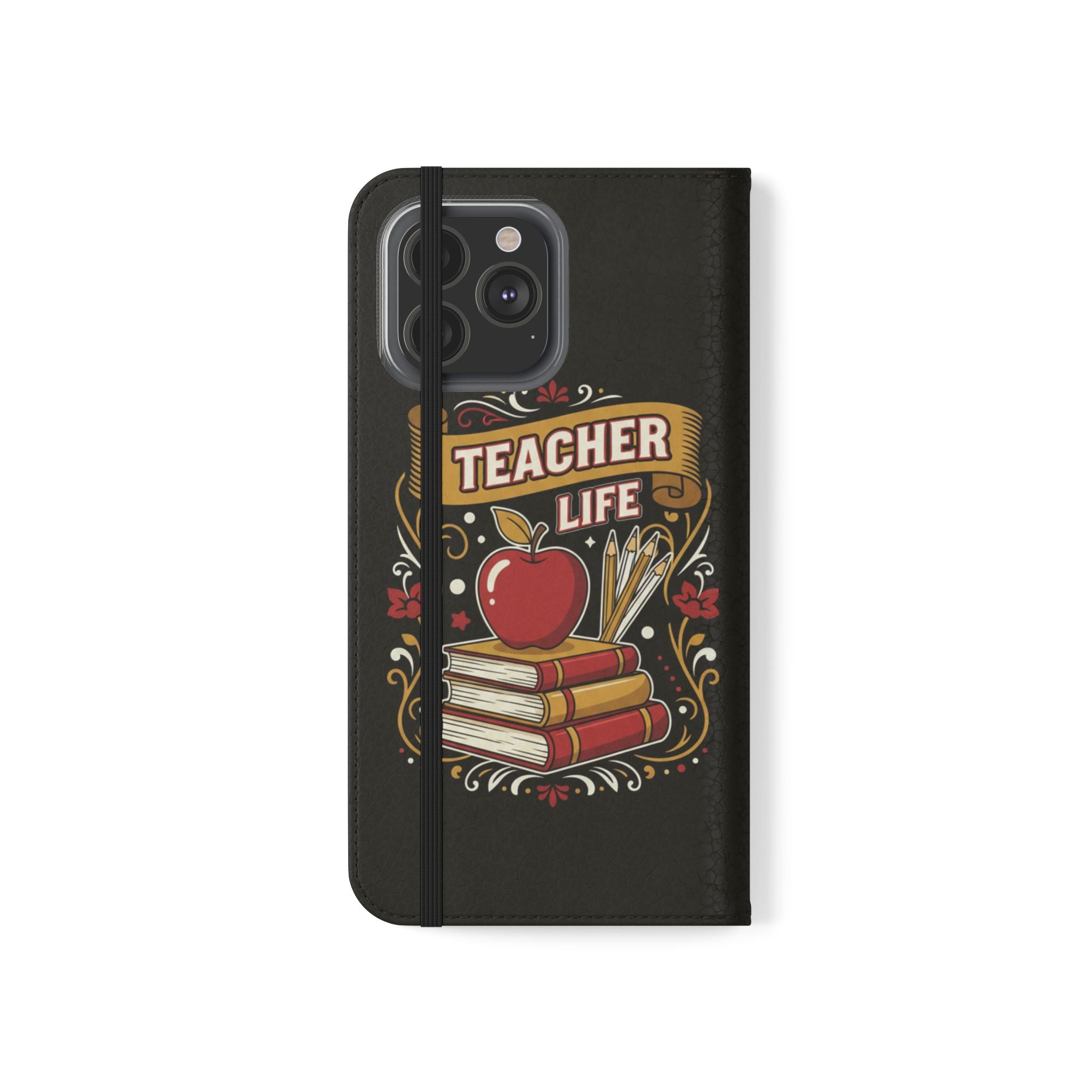 Teacher Life Flip Phone Case – Wallet Folio with Apple & Books Design