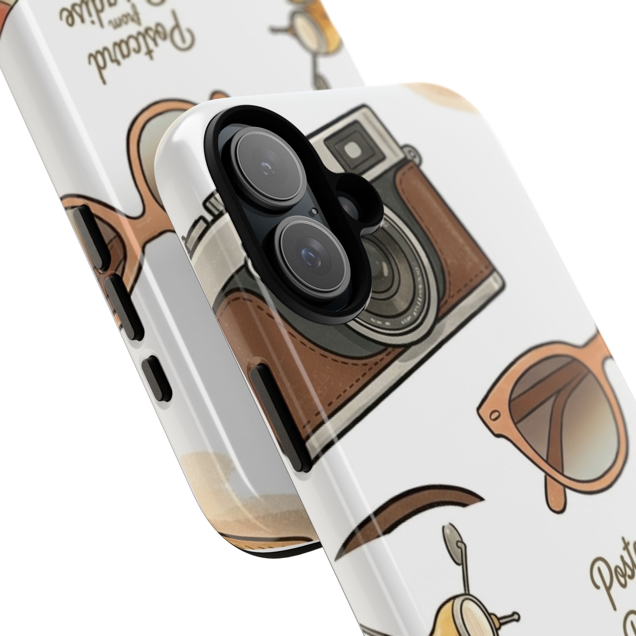 Vintage Summer Beach Phone Case — Feminine Travel Pattern with Cameras, Sunglasses & Scooter