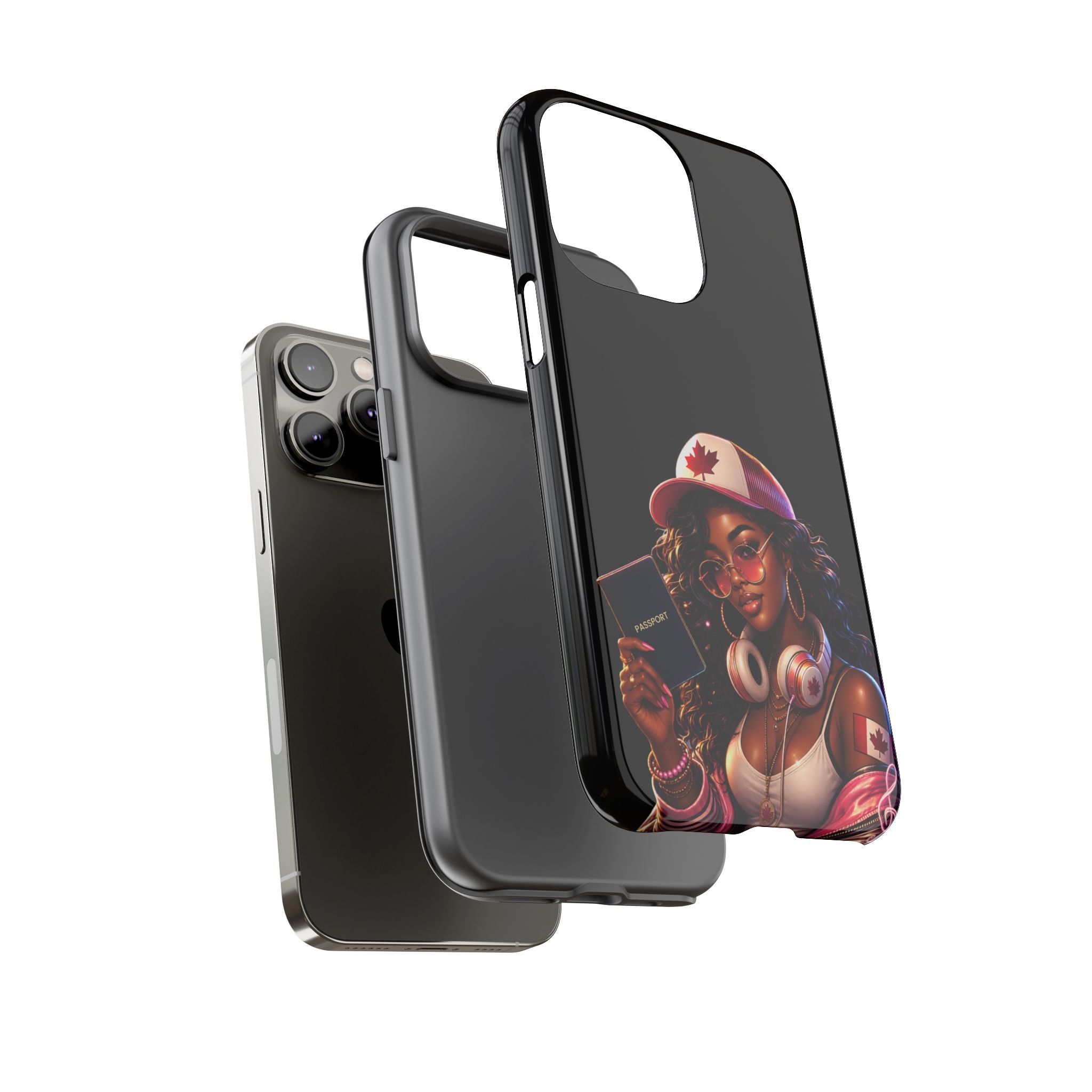 Canadian Vibes Phone Case — Afrobeat Girl with Headphones & Passport Design