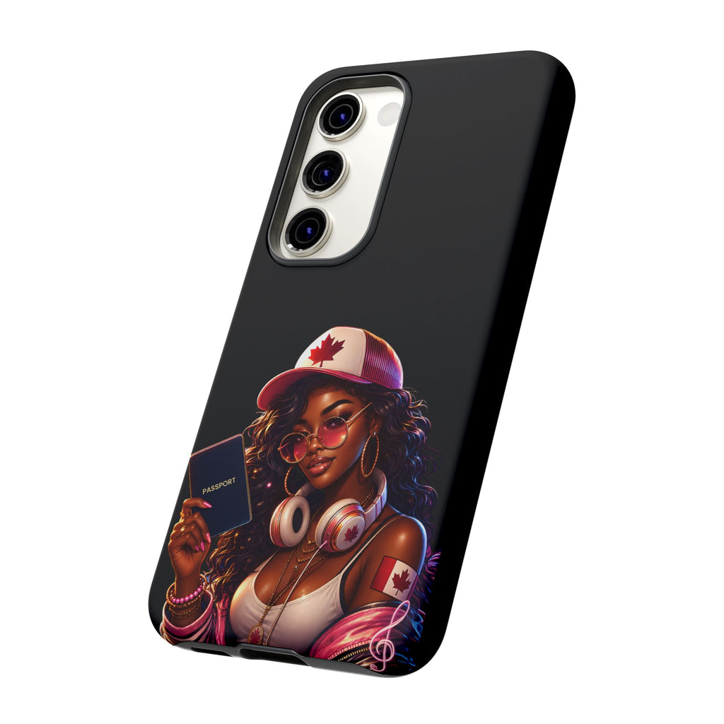 Canadian Vibes Phone Case — Afrobeat Girl with Headphones & Passport Design