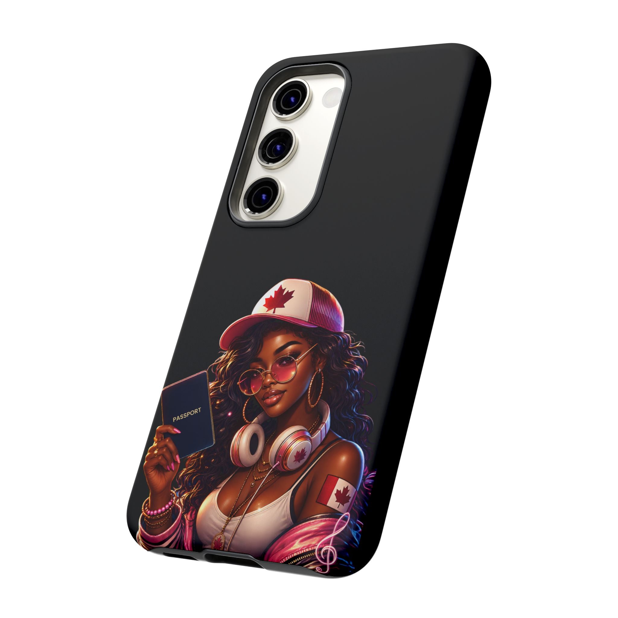 Canadian Vibes Phone Case — Afrobeat Girl with Headphones & Passport Design